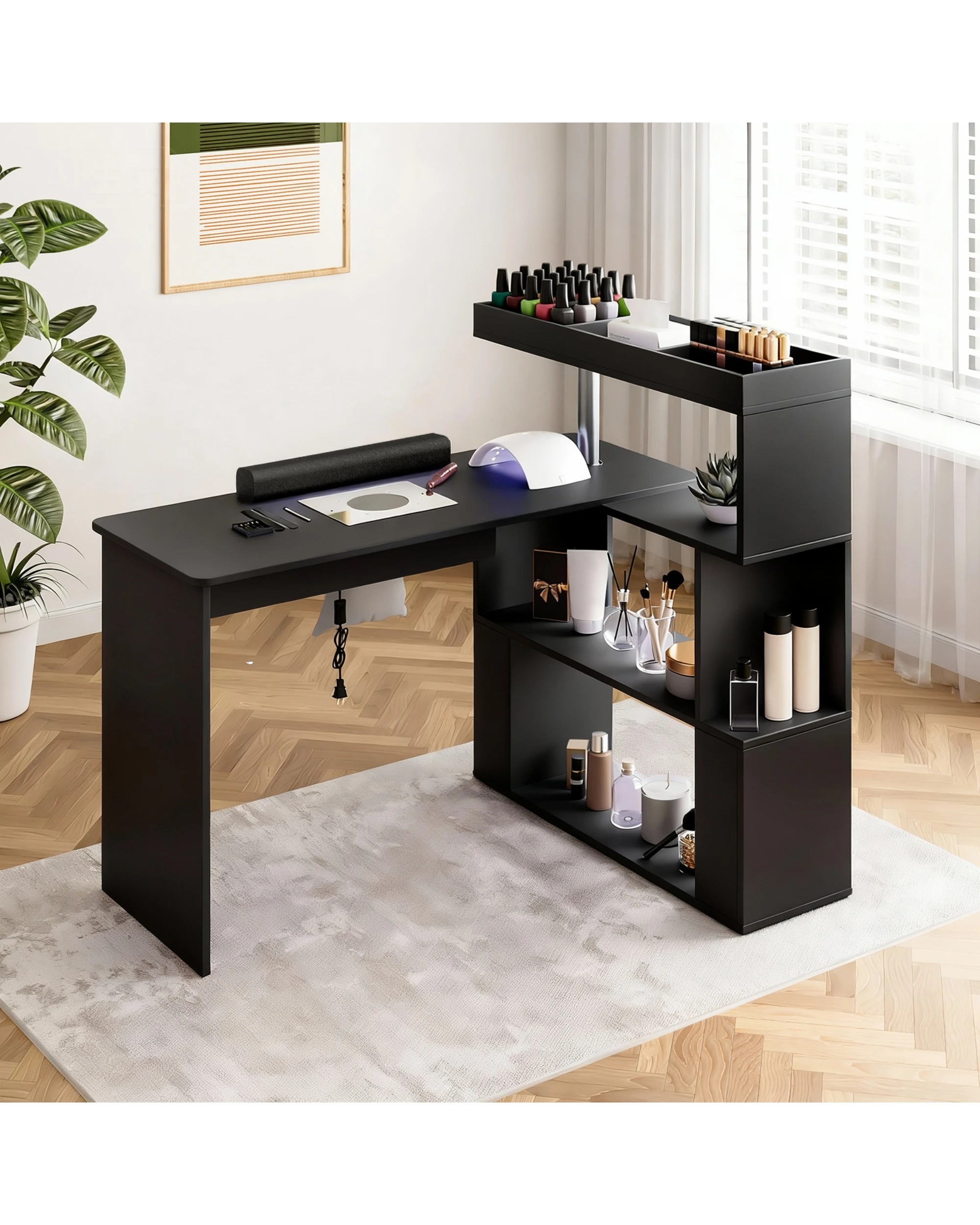 2 Advwin Manicure Table Dressing Nail Tech Desk with Dust Collector Rotating Reversible L-Shaped Salon Workstation - Black, 2 of 8