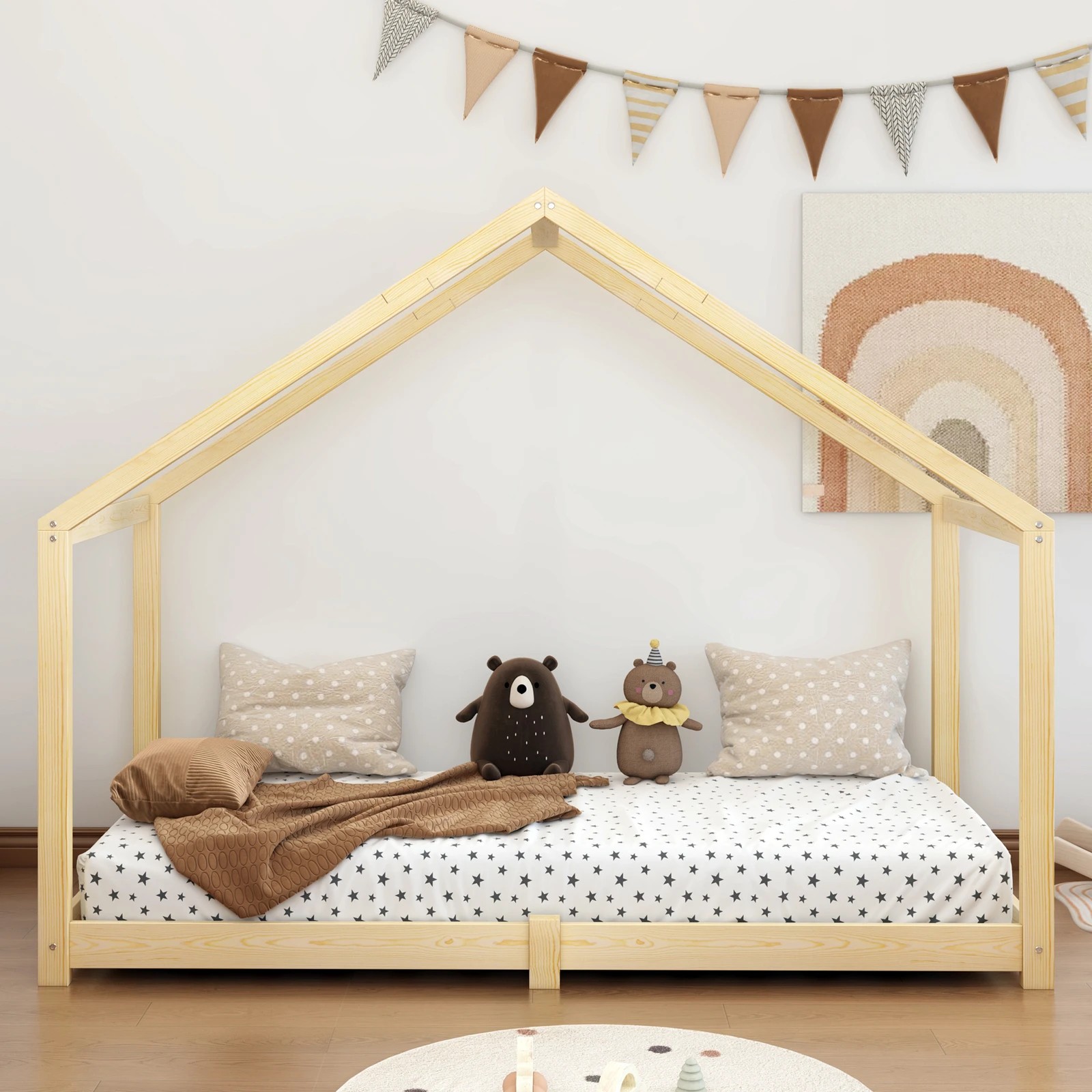 3 Alfordson Kids Bed Frame Wooden Timber Single House Frame Candice - Natural, 3 of 7