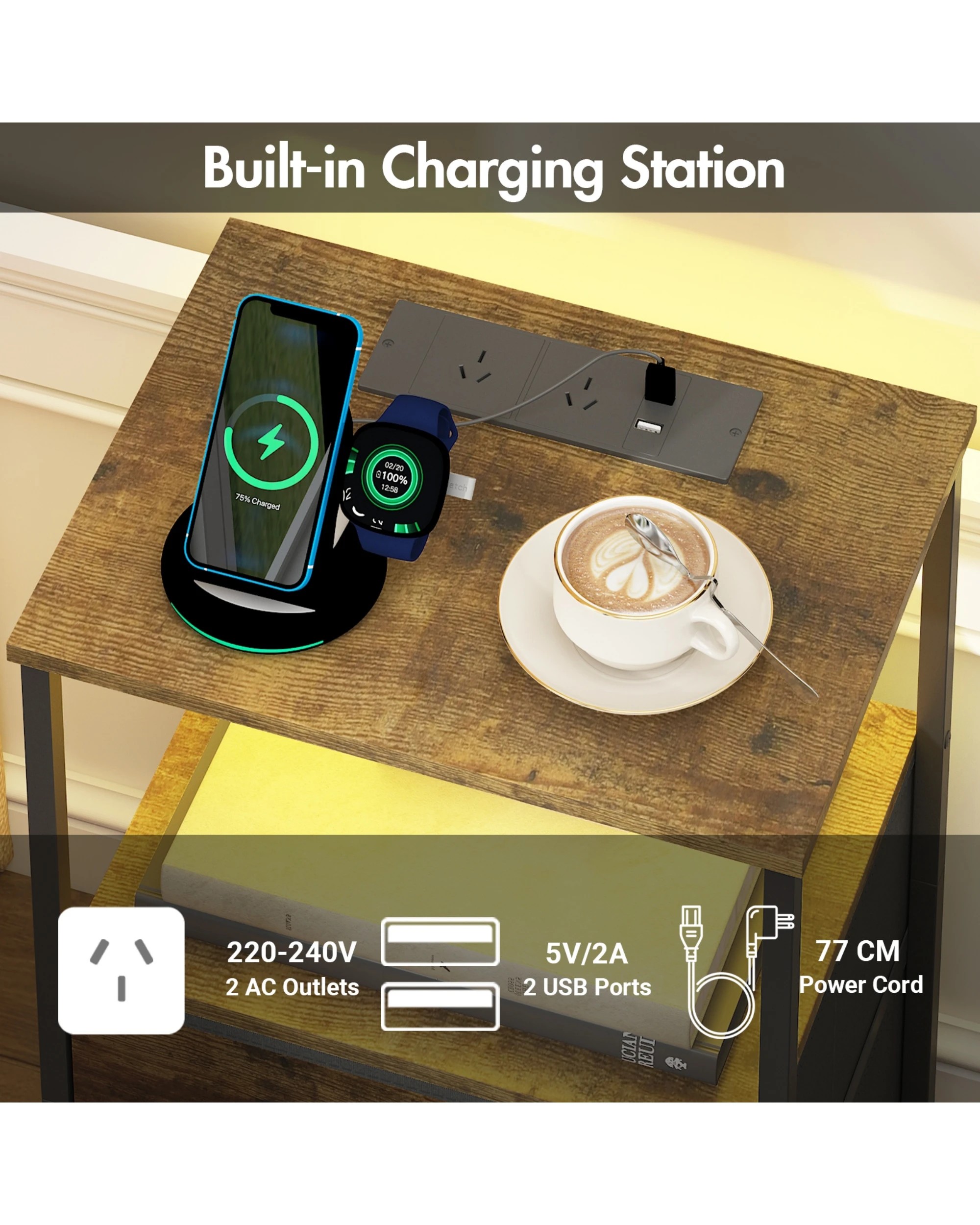 7 Advwin Led Bedside Table With Charging Station 2 Fabric Drawers Nightstand - Brown, 7 of 7