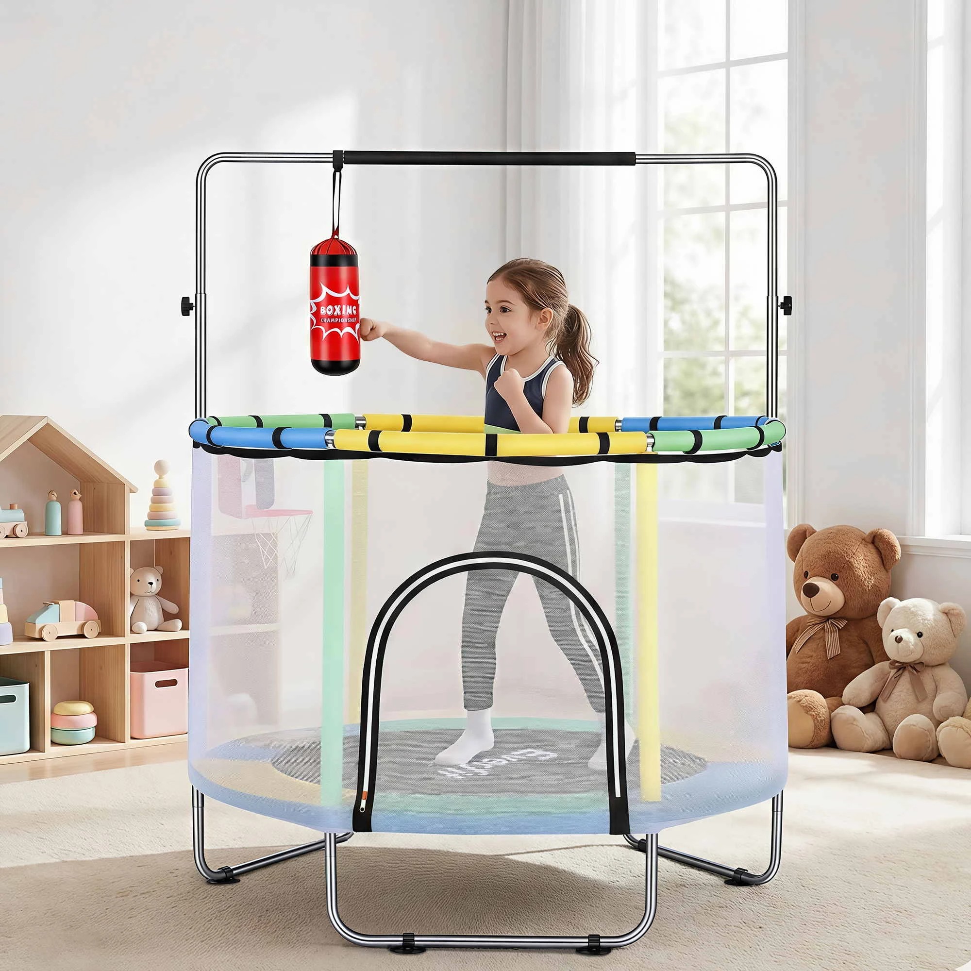6 Everfit 55inch Trampoline Kids Rebounder with Basketball Set Sandbag Boxing Game Wristband Hand Ring - Multi, 6 of 9