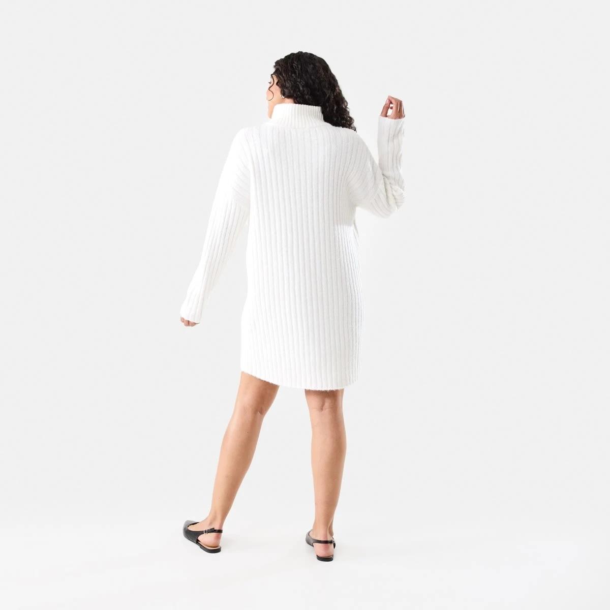 3 Long Sleeve Half Zip True Knit Mini Dress Ecru, 3 of 8