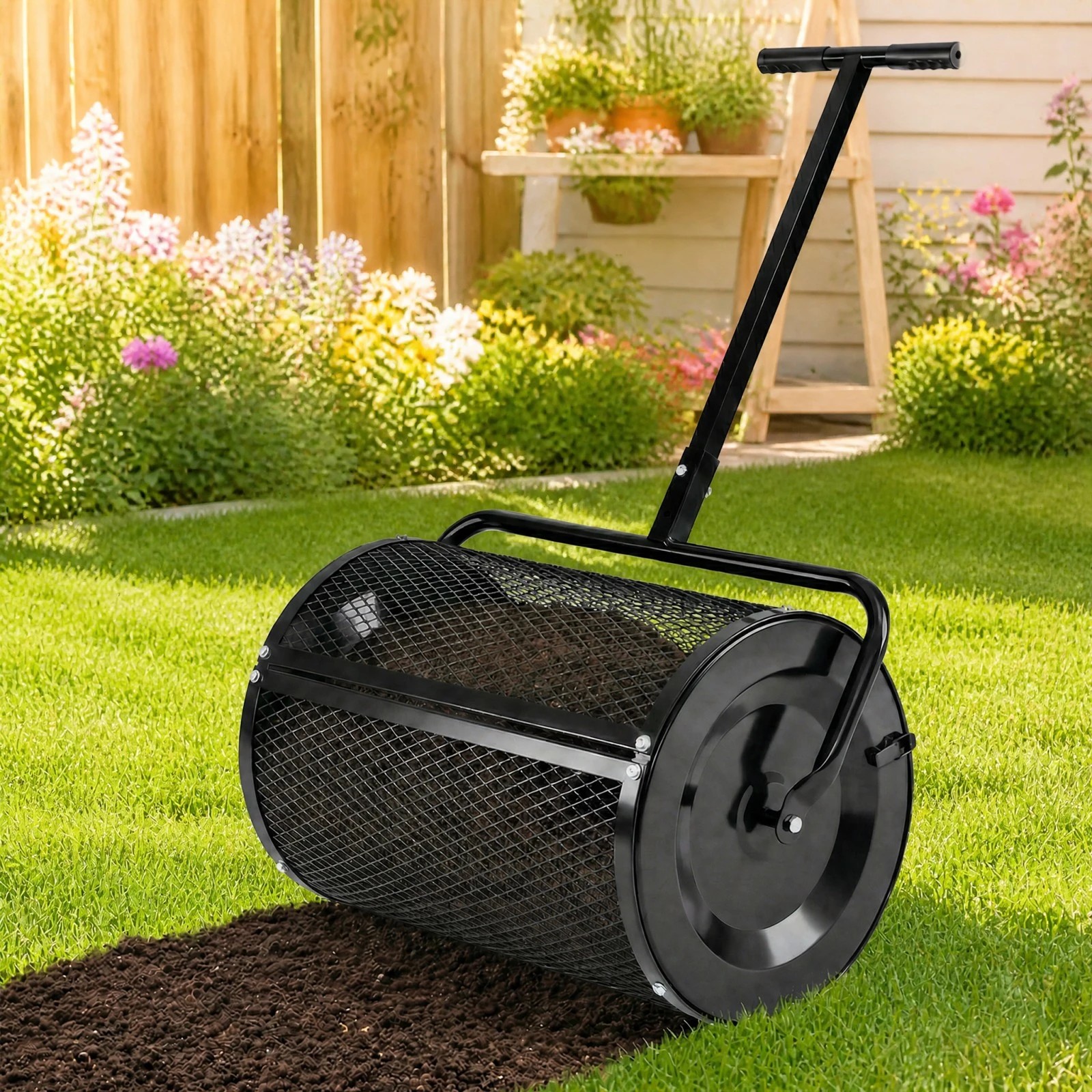 1 Costway Compost Spreader 61cm Peat Moss Spreader Roller w/Adjustable Handle Metal Mesh Basket - Black, 1 of 5