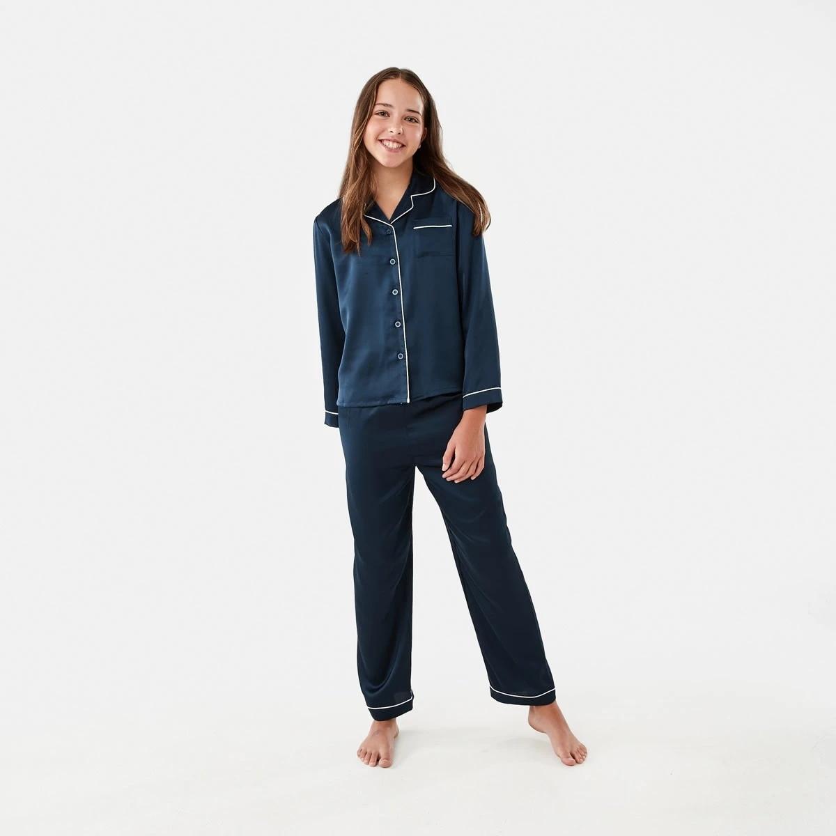 1 Long Sleeve Satin Pyjama Set Dress Navy, 1 of 10
