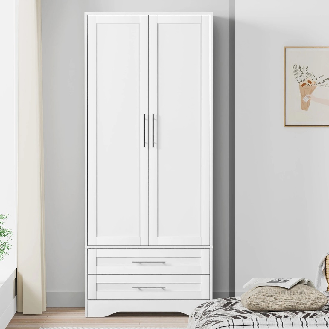 2 Alfordson Wardrobe Clothes Storage Cabinet Organizer Drawer Hanging Rod - White, 2 of 10