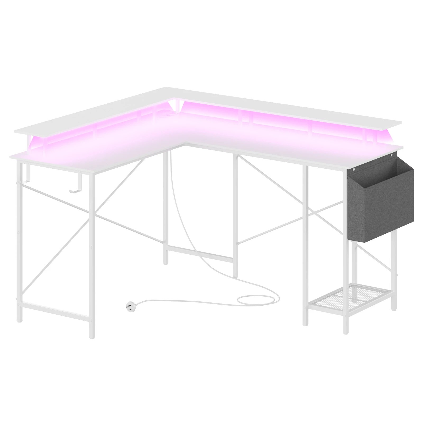 5 Advwin L Shaped Gaming Desk 136cm With Led Lights & Power Outlets White, 5 of 10