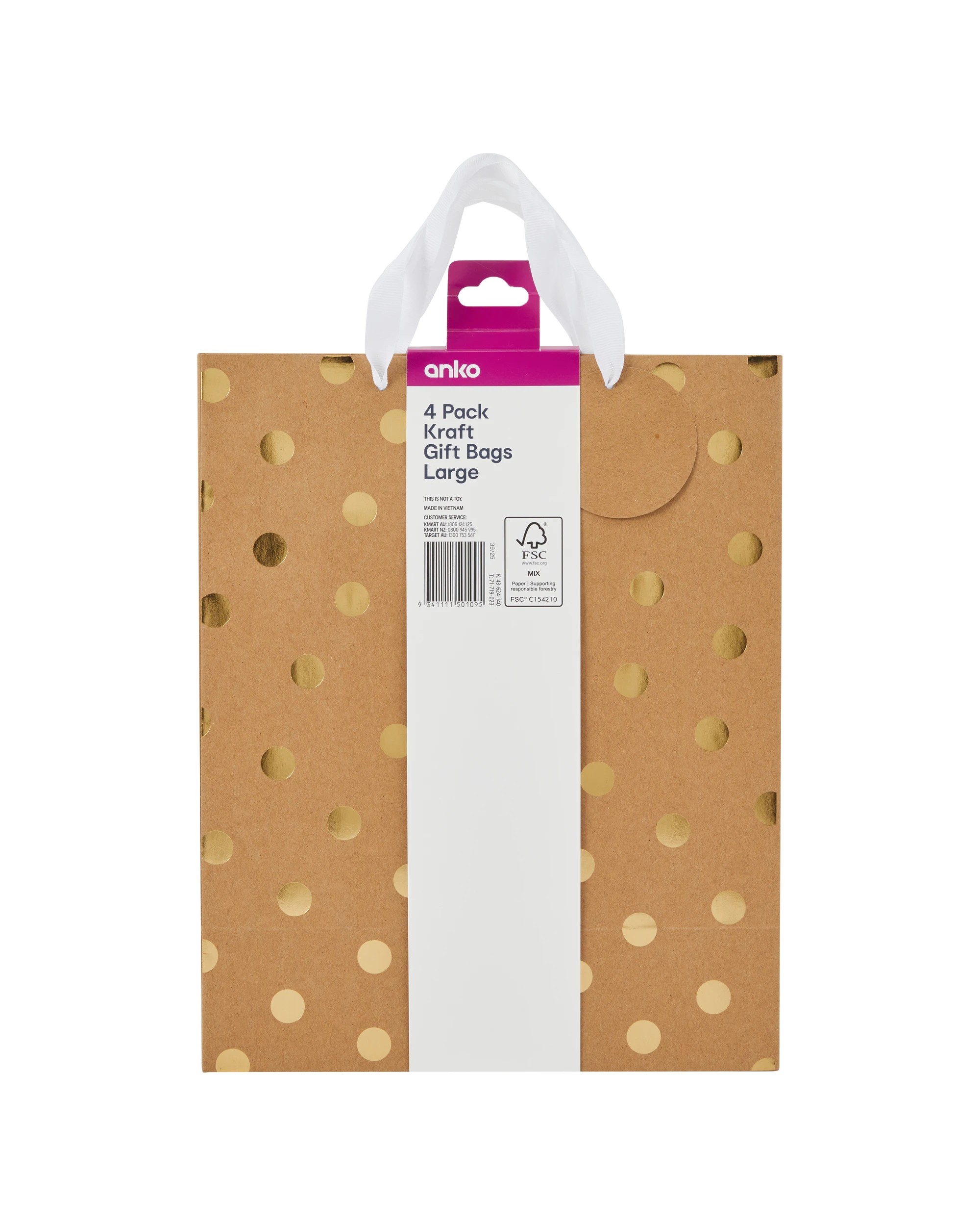 4 4 Pack Multi Kraft Foil Gift Bags - Large, 4 of 4