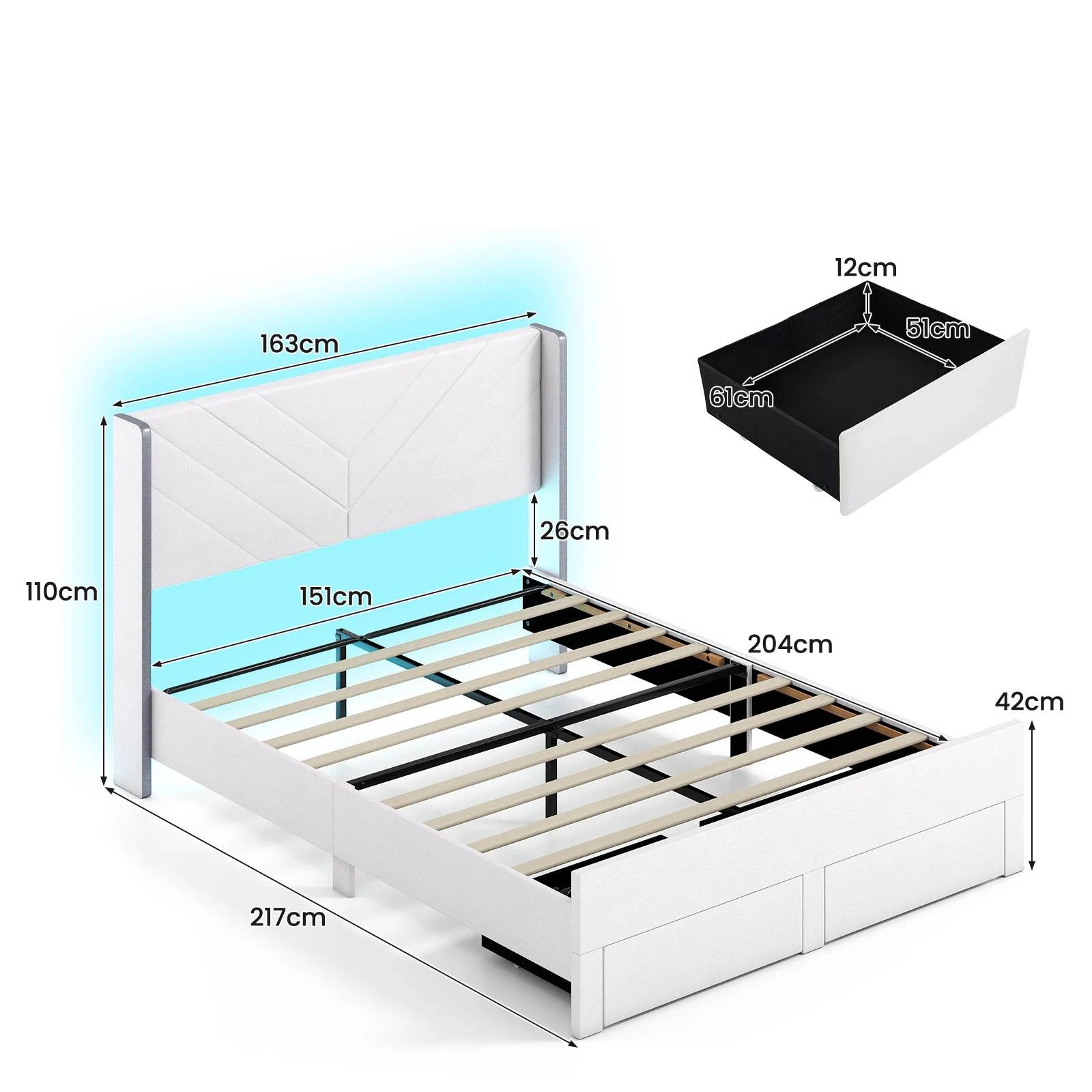 4 Costway Queen Bed Frame RGB LED Lights Platform Bed Velvet Upholstered Headboard, 4 of 4