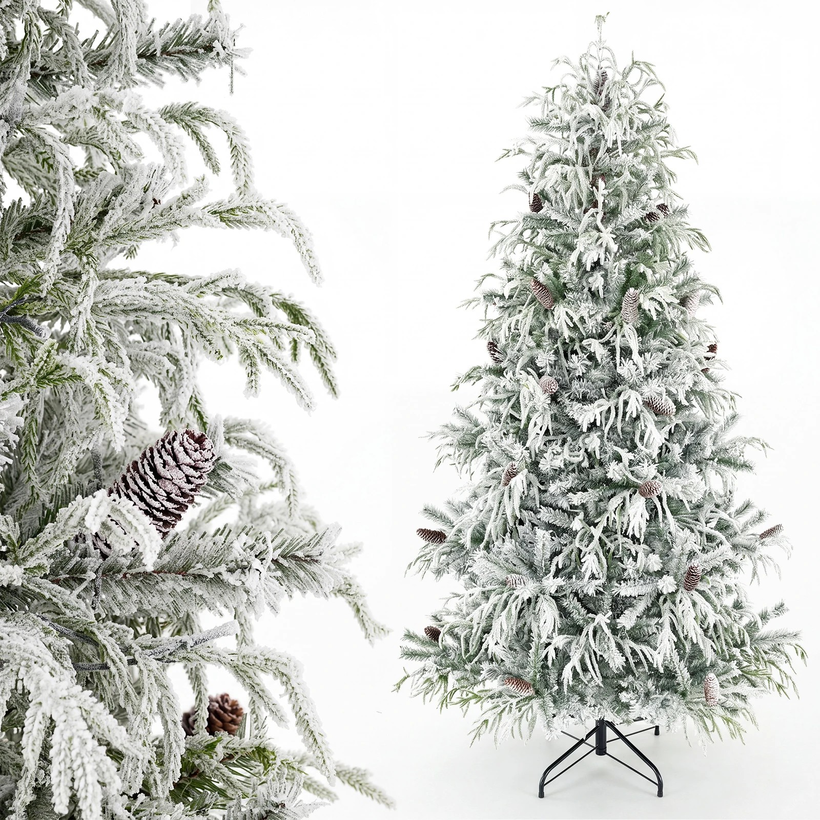 8 Costway 2.1M Flocked Christmas Tree w/35 Natural Pine Cones Pre-Lit Artificial Xmas Tree, 8 of 8