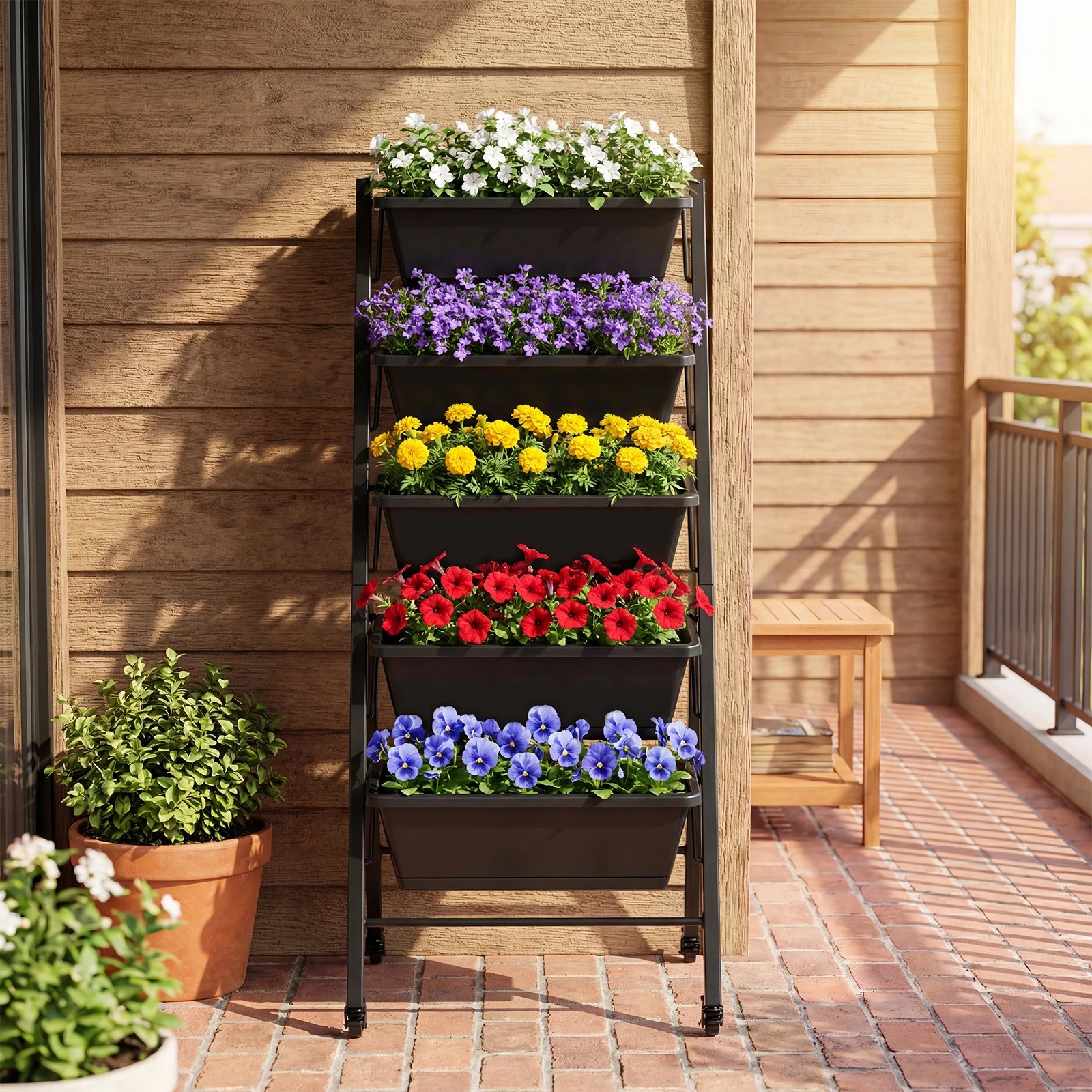 2 Costway 5-Tier Mobile Raised Garden Bed Elevated Planter Box & Tray w/Wheels & Drainage Holes - Black, 2 of 4