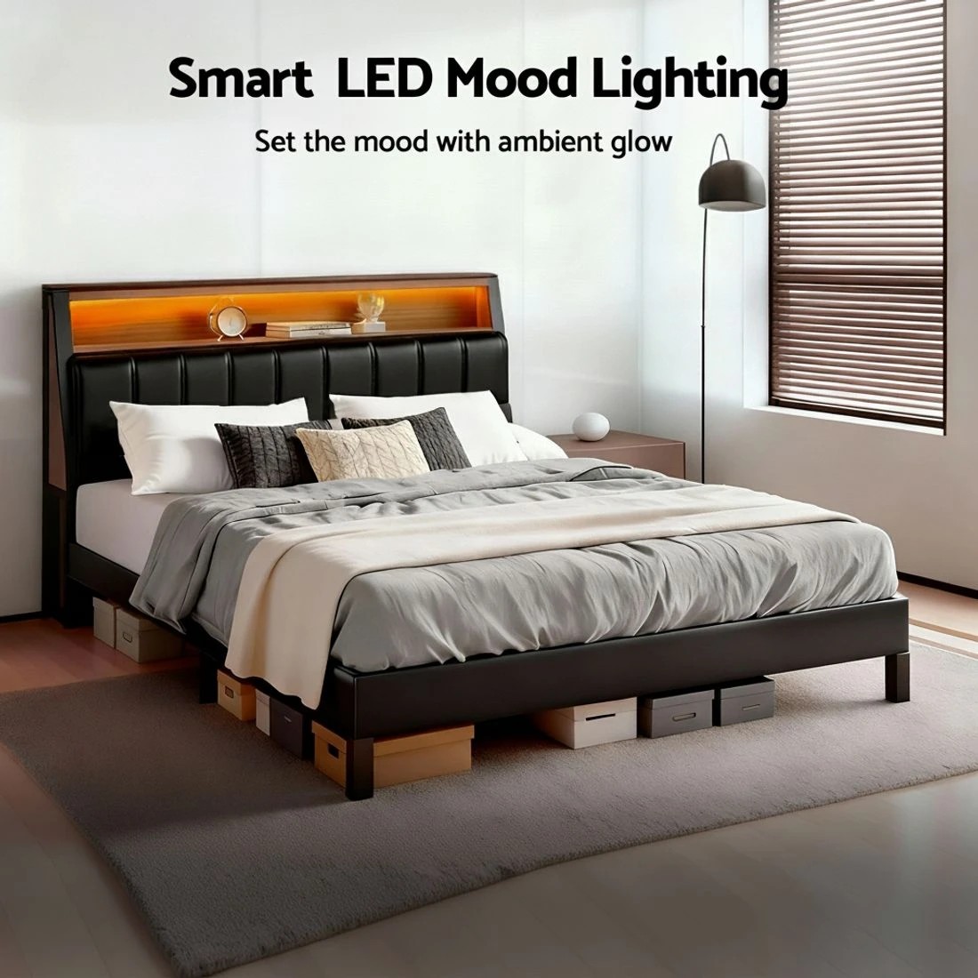 6 Artiss Double Bed Frame LED Storage Headboard with Charging Station - Black, 6 of 6