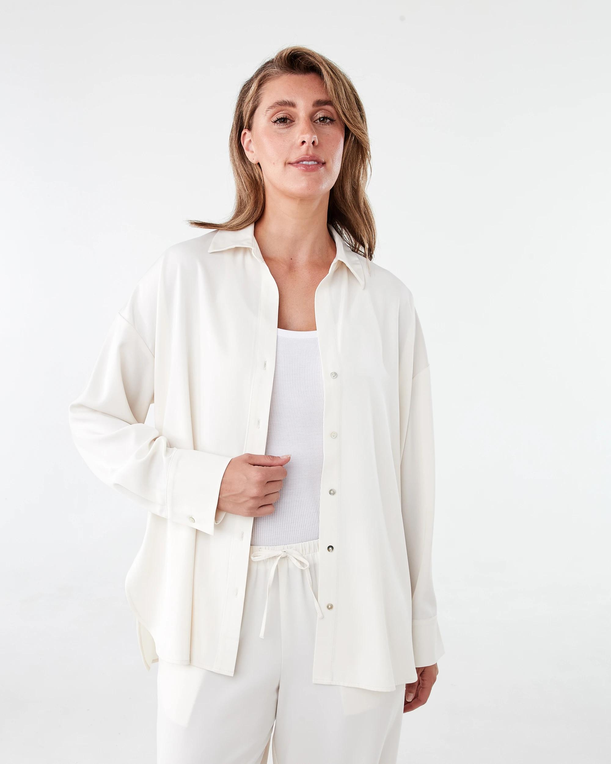 1 Long Sleeve Oversized Satin Shirt Vanillaoat, 1 of 10