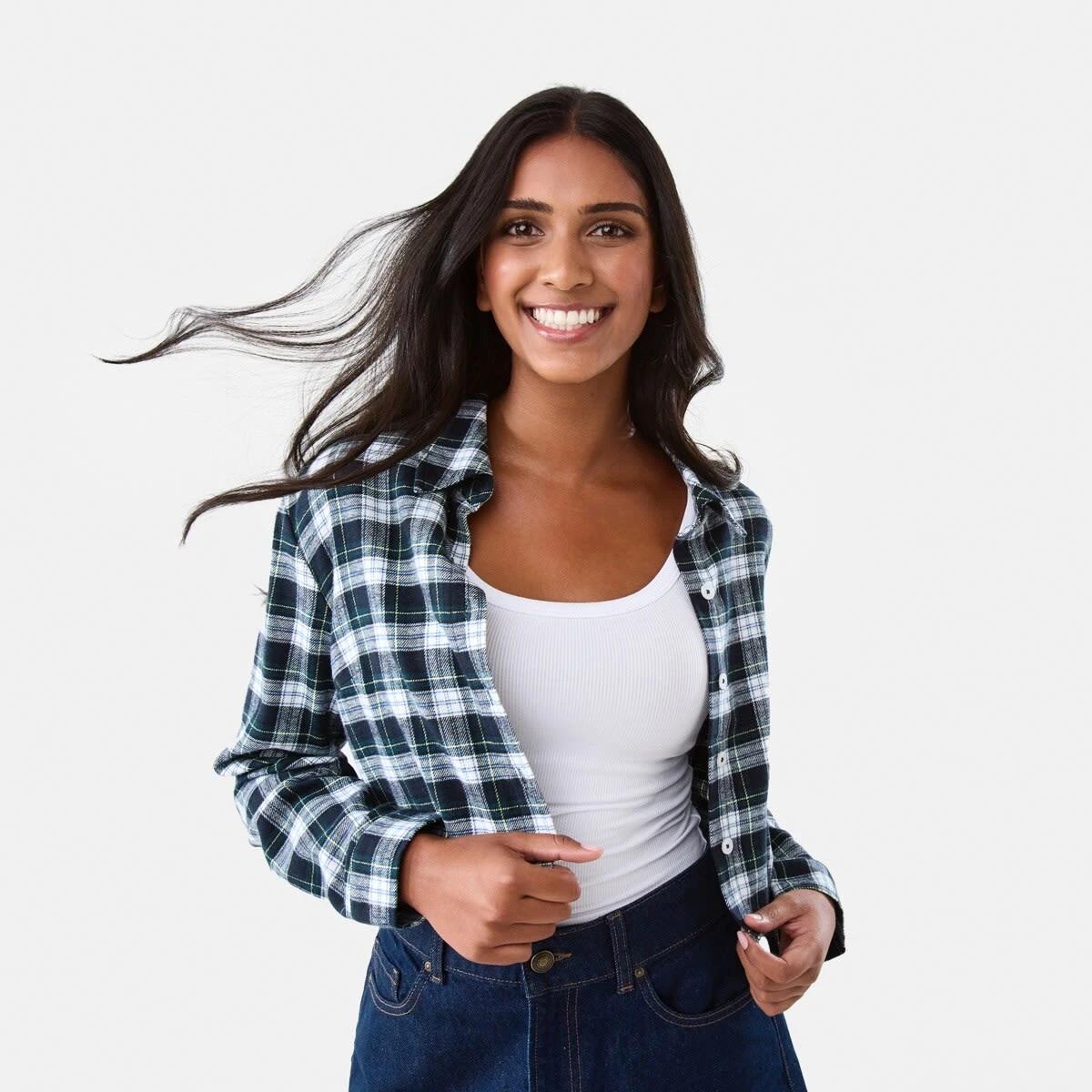 1 Long Sleeve Brushed Crop Shirt Green Chk, 1 of 7