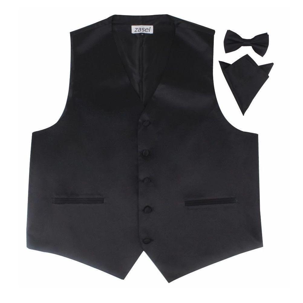 1 Zasel Mens Plain Vest Waistcoat & Matching Bow Tie & Pocket Square Black, 1 of 1