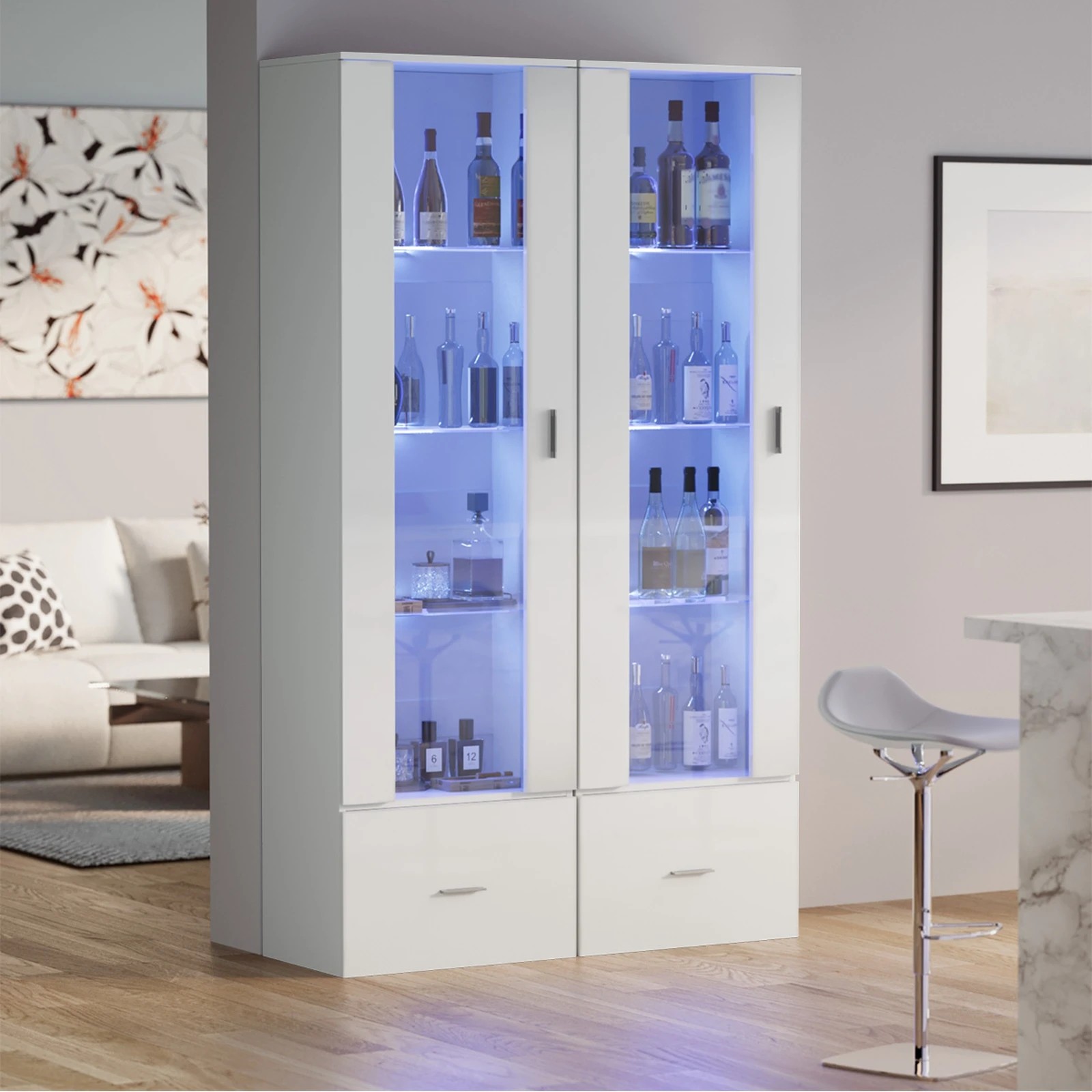 4 Oikiture Display Cabinet Buffet Sideboard LED Light Cupboard- White, 4 of 10