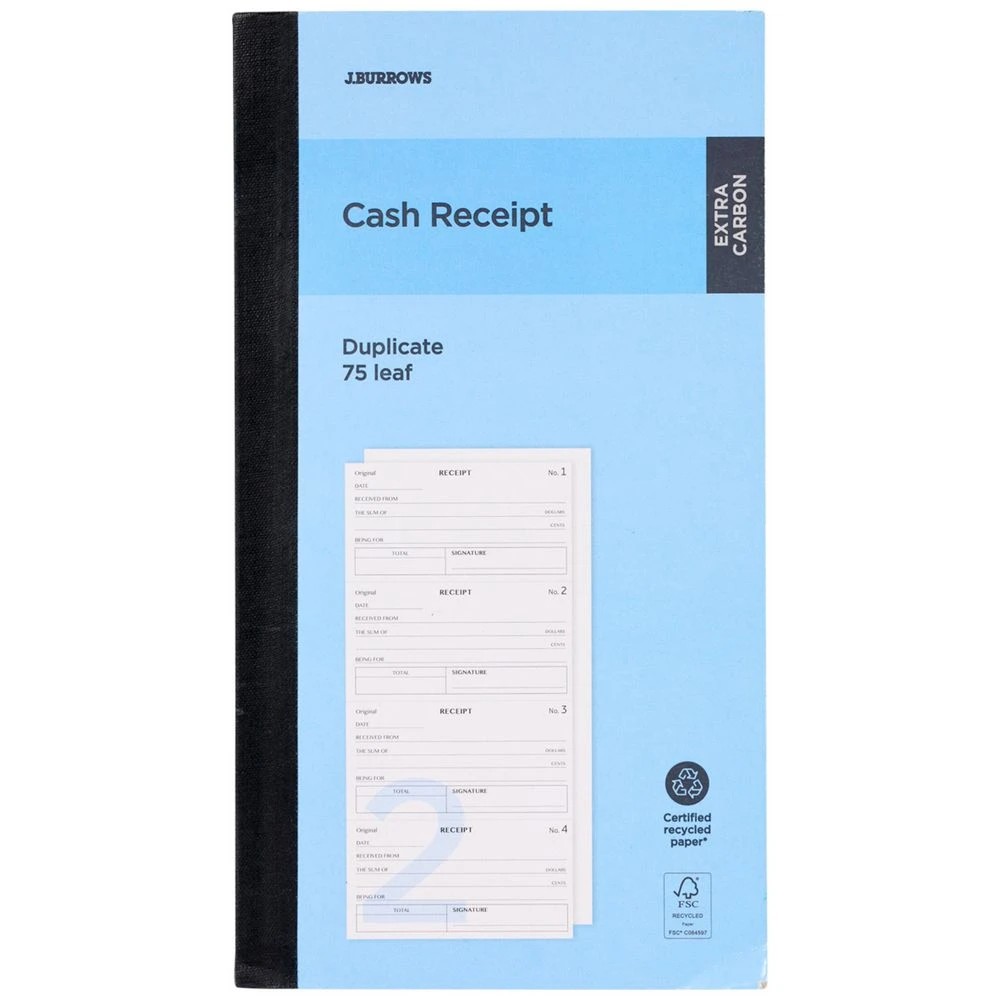 1 J.Burrows Carbon Duplicate Cash Receipt Book 75 Leaf, 1 of 1