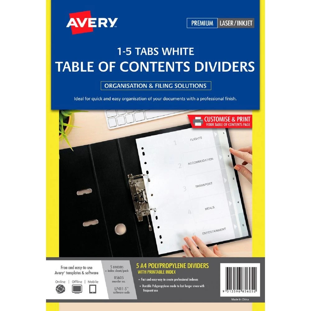 1 Avery A4 Polypropylene Divider 1-5 Tab White, 1 of 2