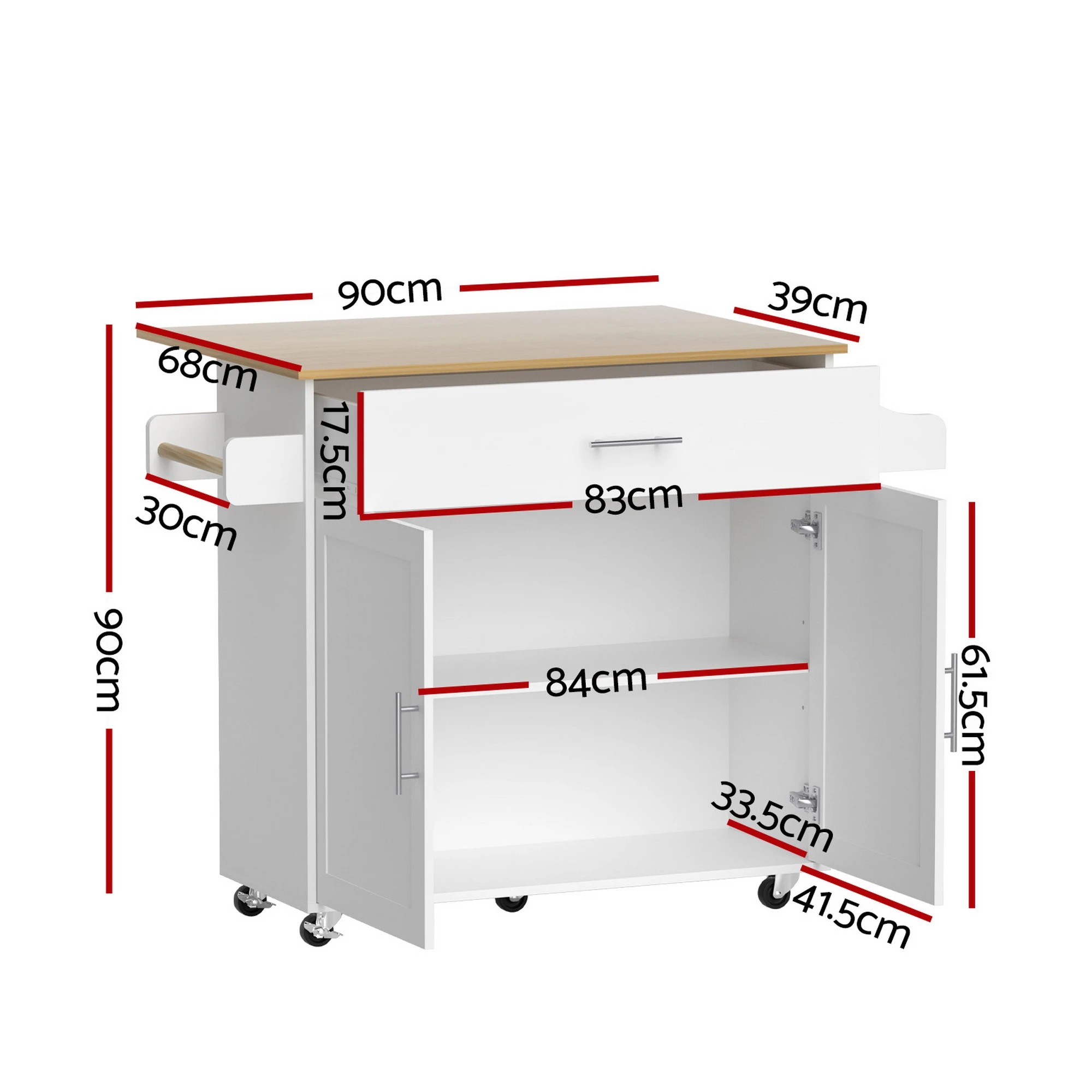 2 Artiss Kitchen Island Trolley Rolling Serving Cart Storage Drawer Cabinet 90cm - White, 2 of 9