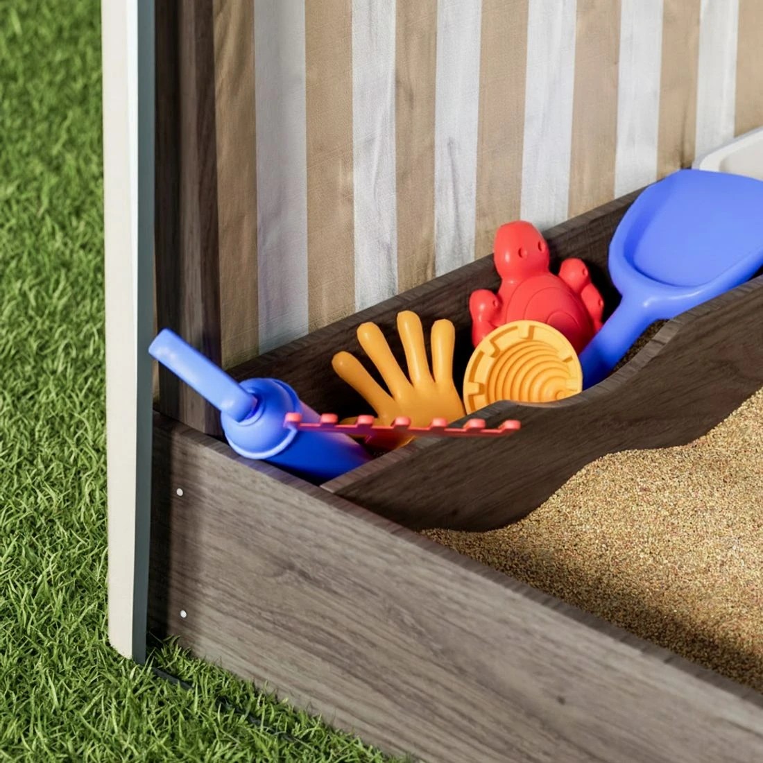 5 Keezi Kids Sandpit Wooden Sandbox Pit with Canopy Window Water Basin 120cm - Brown, 5 of 6