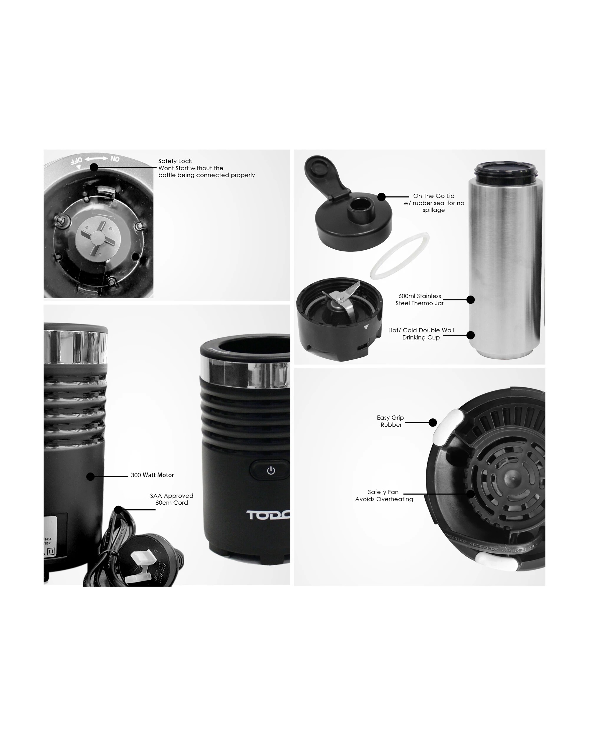 4 TODO 300W Smoothie Maker Drink Blender 600Ml Double Wall Stainless Steel Jar - Black, 4 of 5