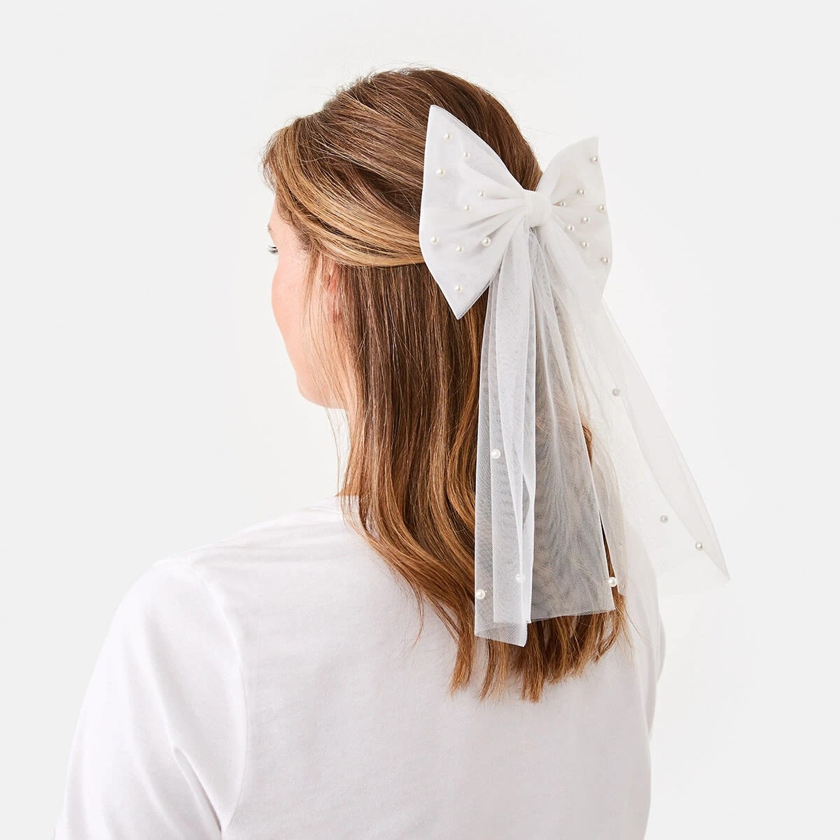 2 White Faux Pearl Mesh Bow Hair Clip, 2 of 3