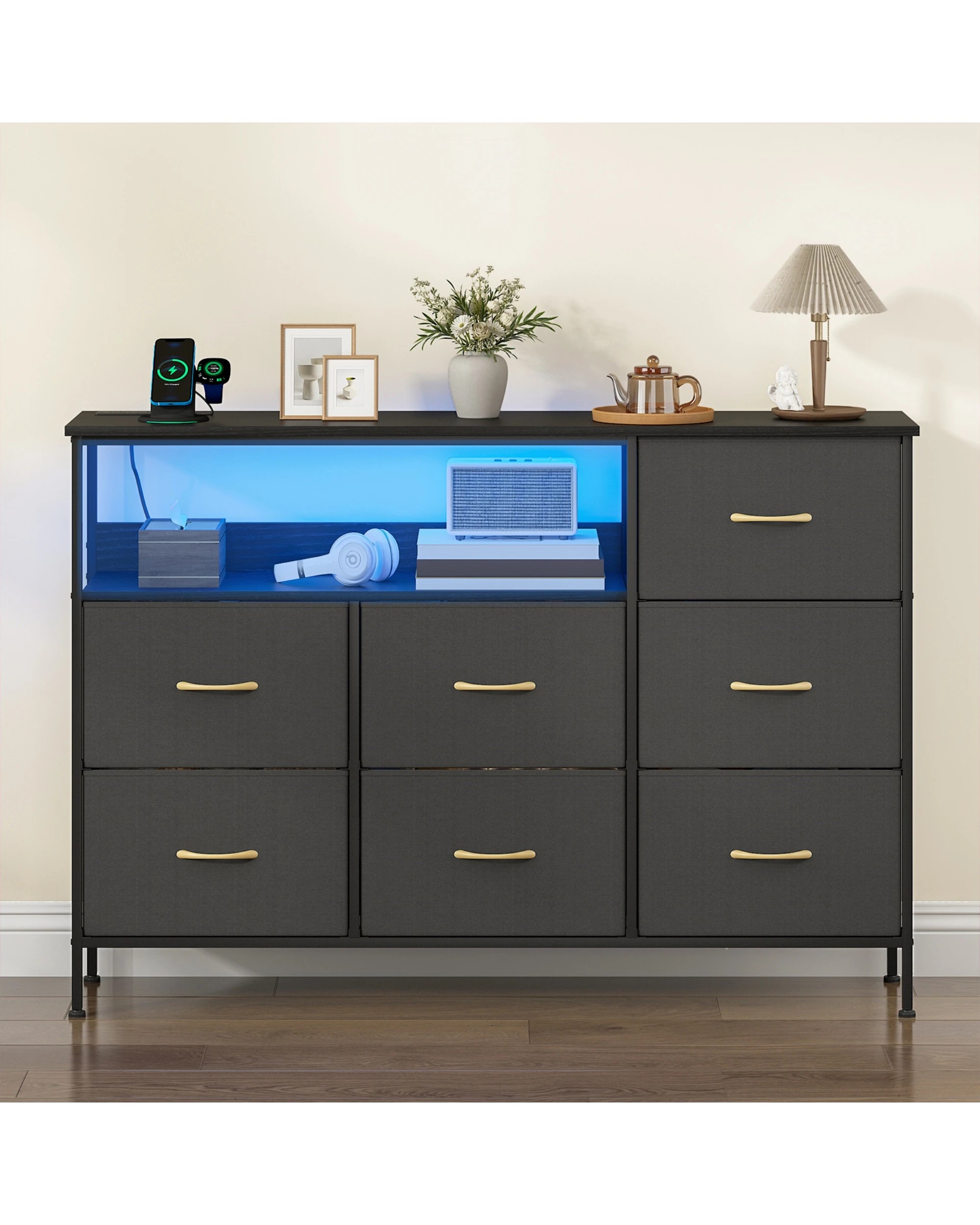 6 Advwin Chest of 7 Drawers?with Open Shelf Storage Charging Station & LED Lights - Black, 6 of 10