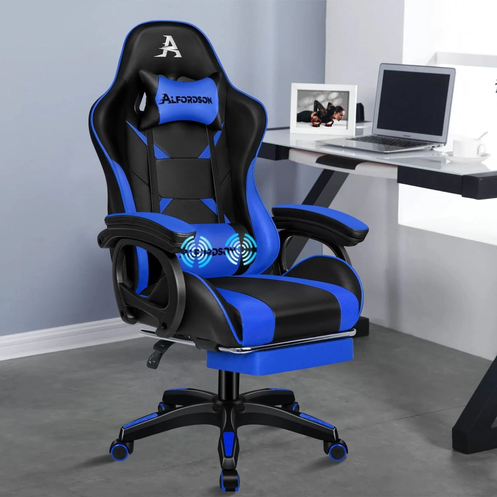 9 Alfordson Gaming Office Chair Massage Racing Computer Seat Footrest Leather - Blue, 9 of 10