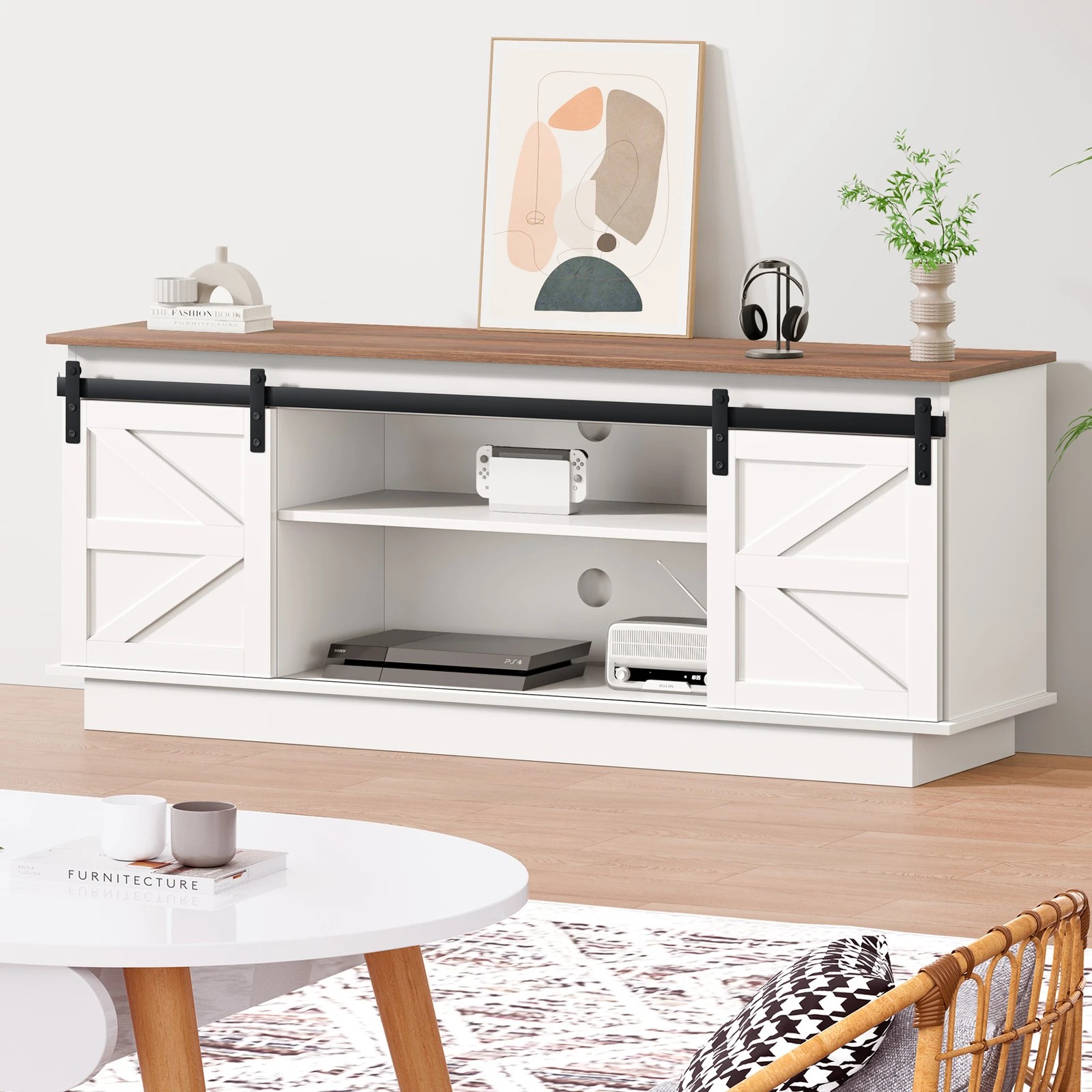 2 Alfordson Entertainment Unit TV Stand Storage Cabinet 150cm Sliding Doors - White, 2 of 8