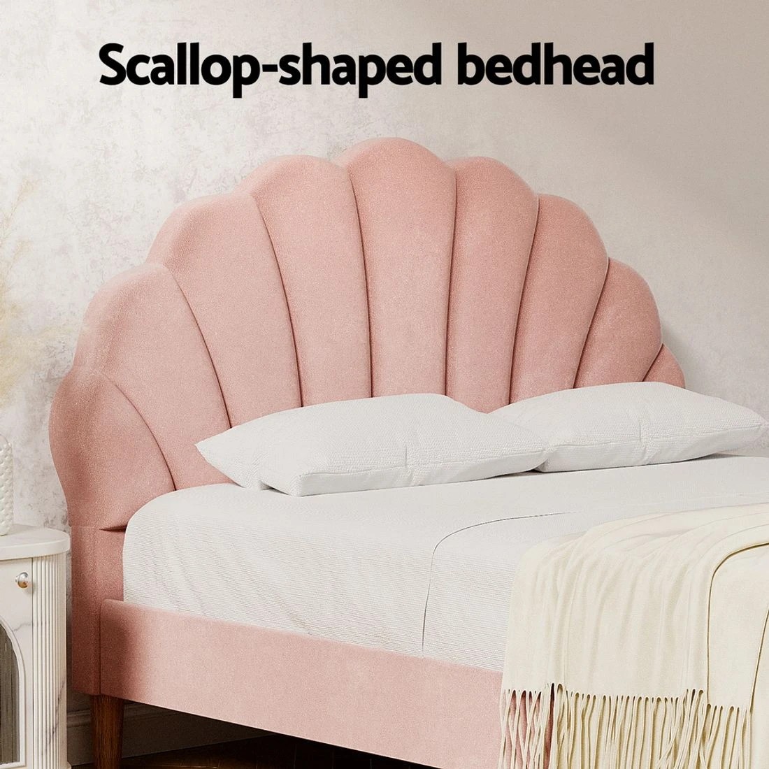 6 Artiss Bed Frame Double Size Scallop-Shape Bedhead Beds Base  Velvet Fabric - Pink, 6 of 7