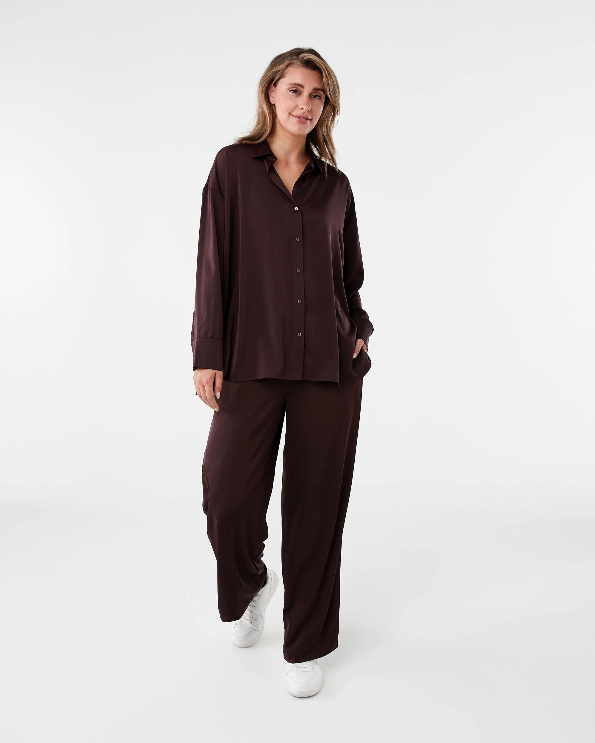 10 Long Sleeve Oversized Satin Shirt Choc Plum, 10 of 10