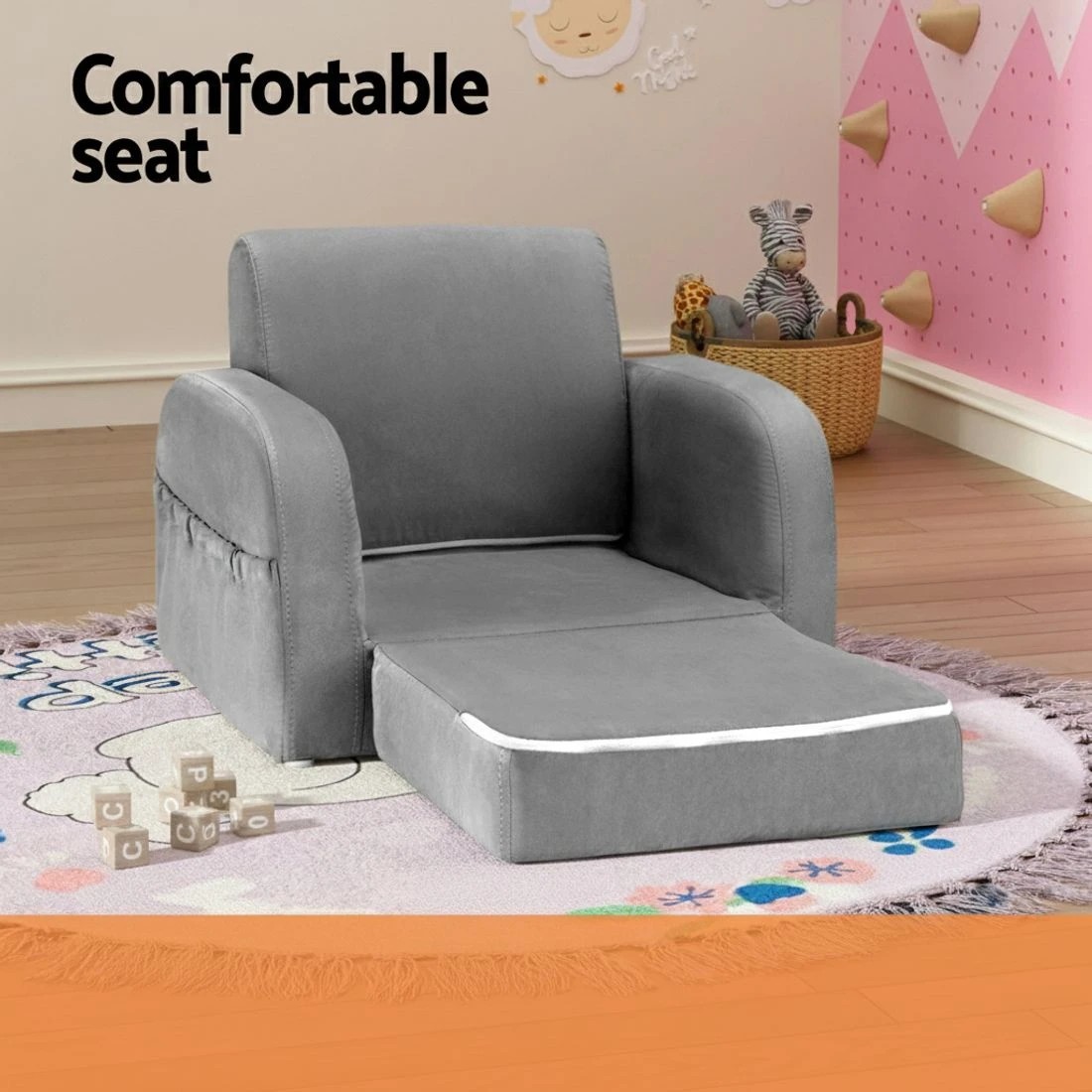3 Keezi Kids Sofa 1 Seater Children Flip Open Couch Lounger Armchair Soft - Grey, 3 of 5