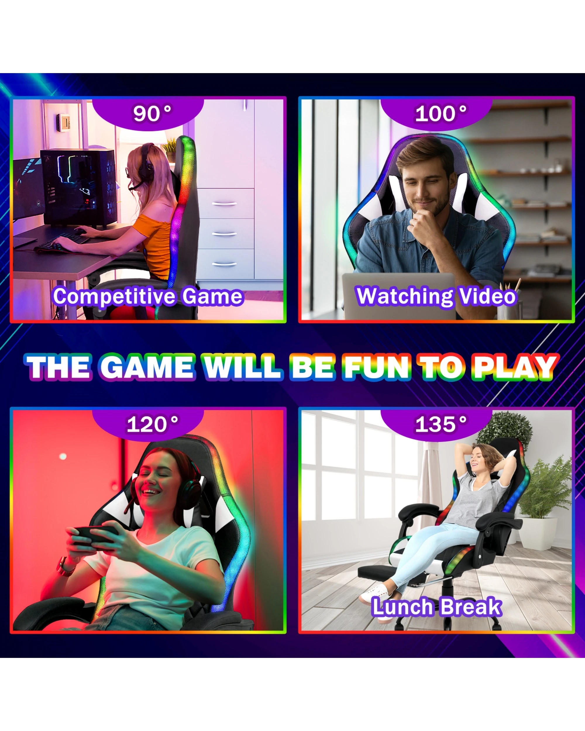 6 Advwin Led Lights Gaming Chair With Massagers Black/white, 6 of 8