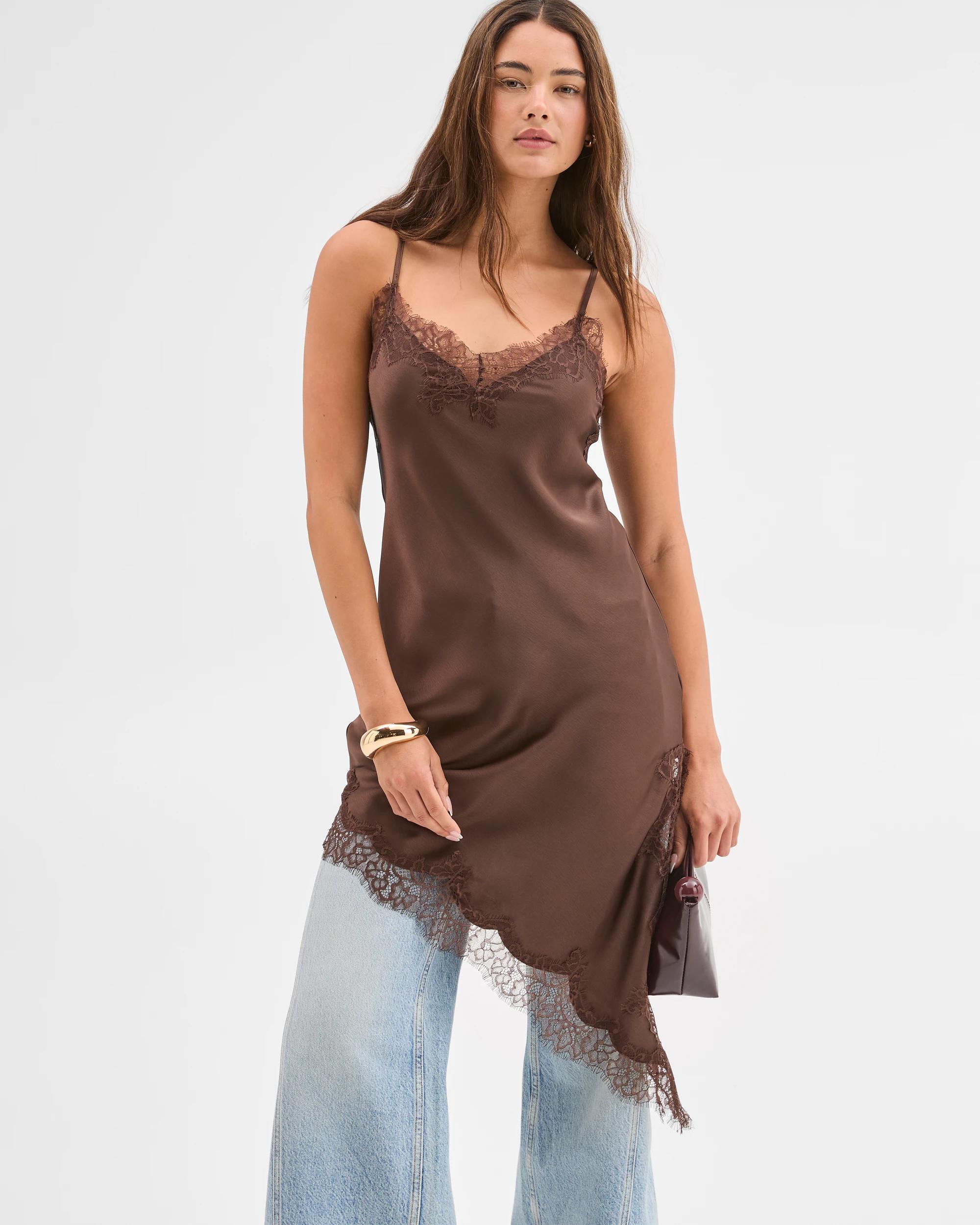3 Lily Loves Satin Lace Trim Cami Midi Dress CHOCOLATE, 3 of 7