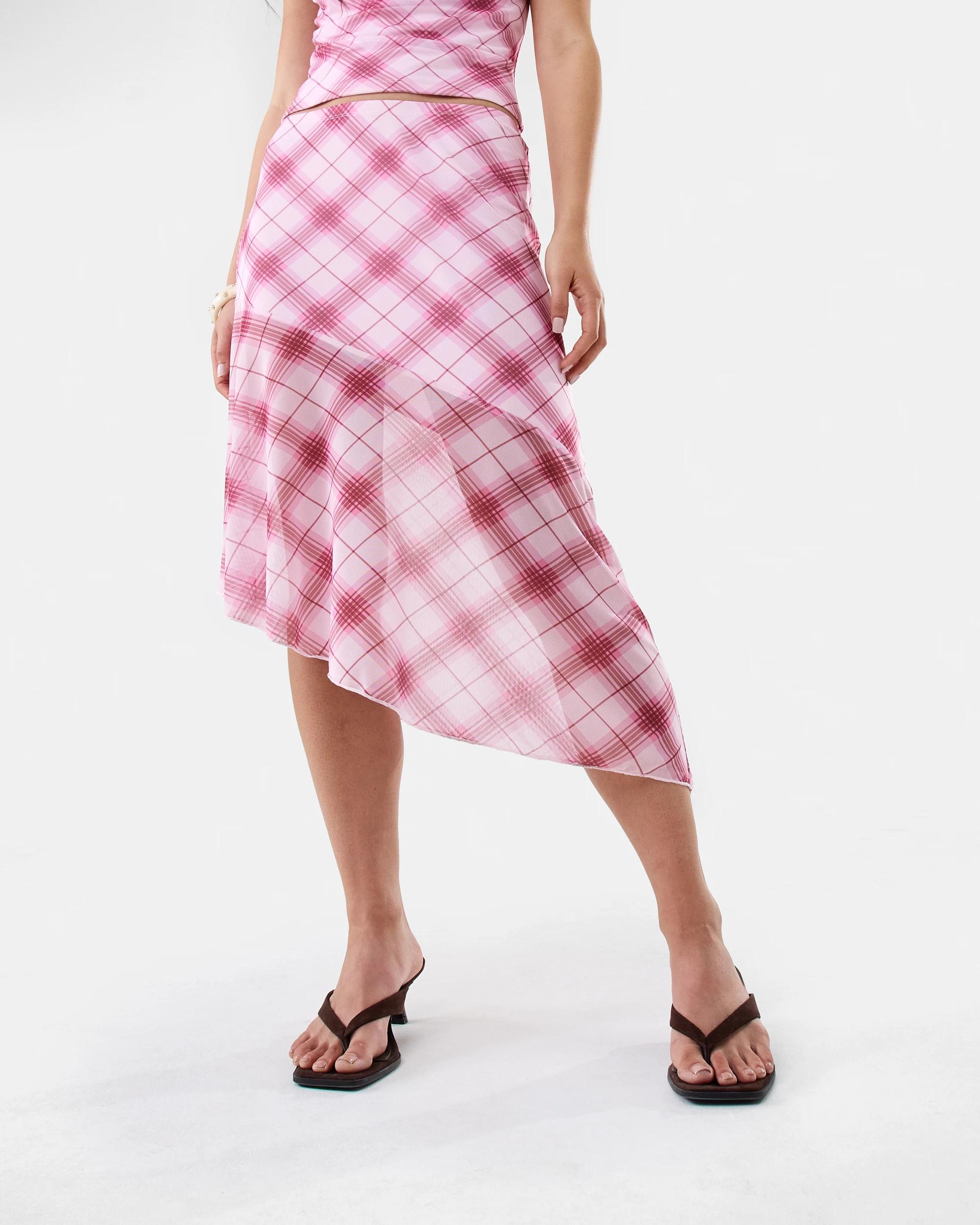 1 Mesh Asymmetrical Print Skirt Pink Check, 1 of 8