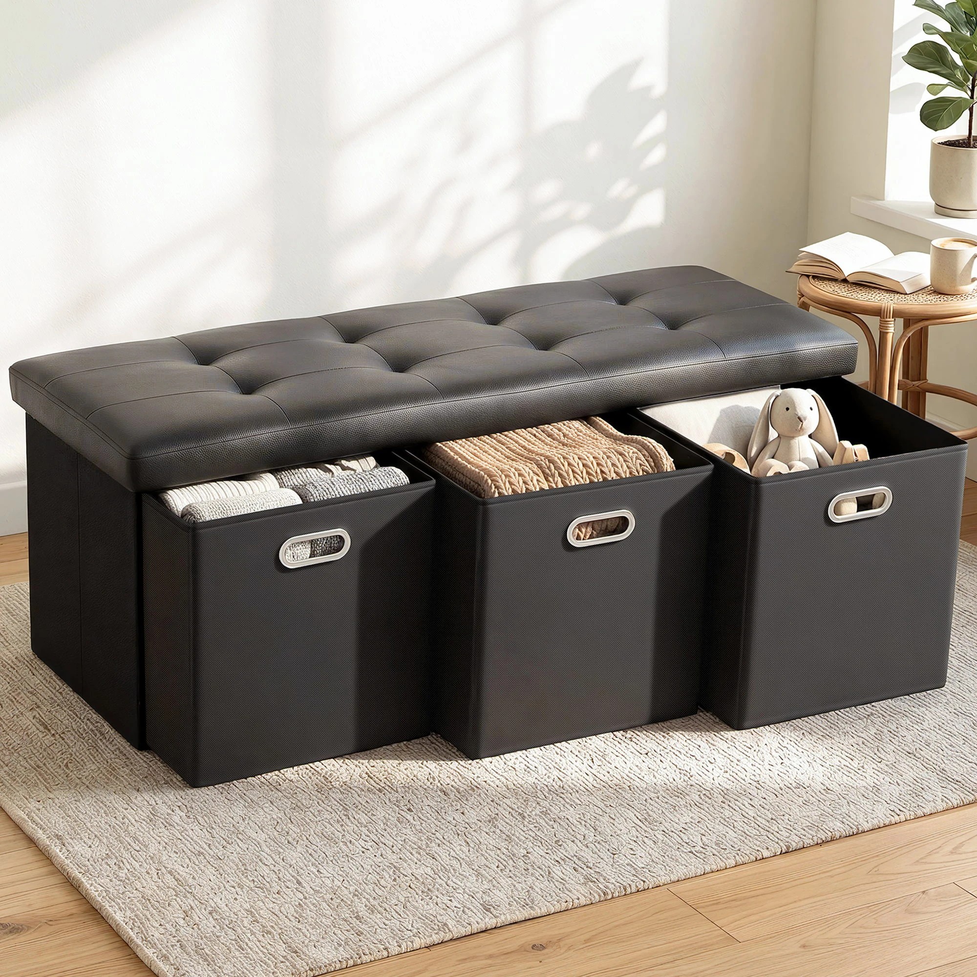 7 Artiss Storage Ottoman with 3 Cube Drawers Foot Stool Rest Foldable - Black, 7 of 7