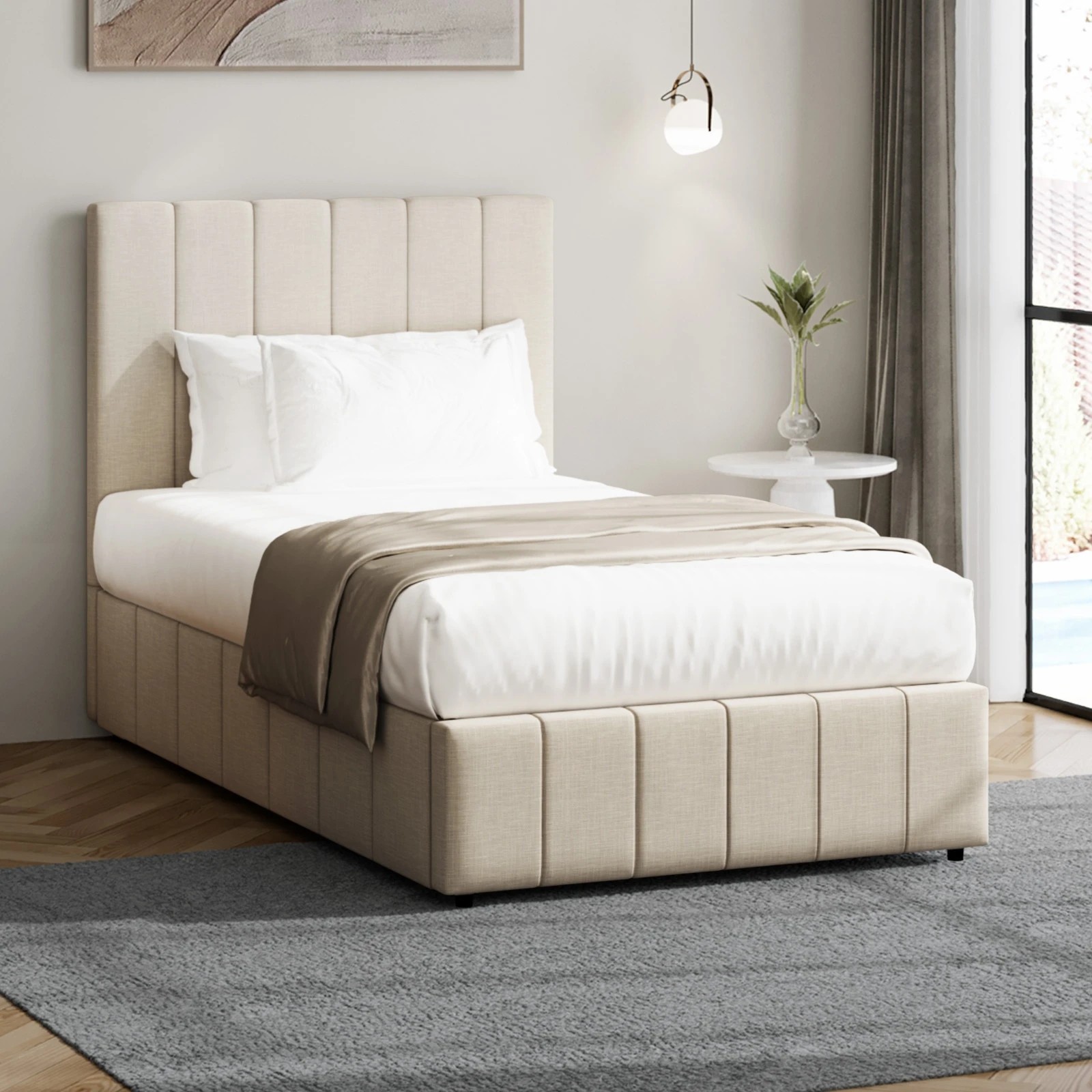 2 Oikiture King Single Bed Gas Lift Base With Storage Bed Frame
 - Beige, 2 of 10