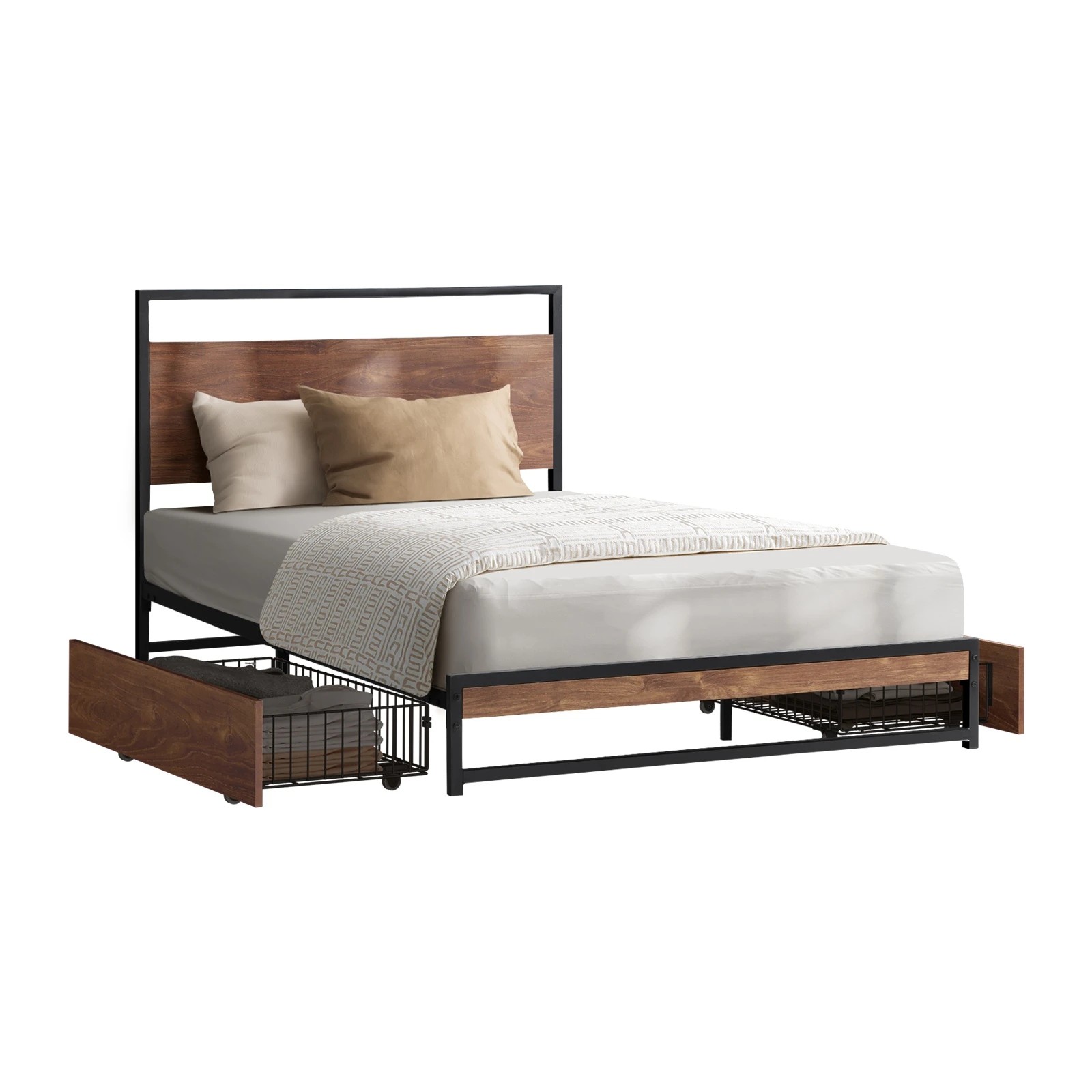 1 Oikiture Metal Bed Frame Single Size Beds Base Platform with 2 Drawers - Black, 1 of 9