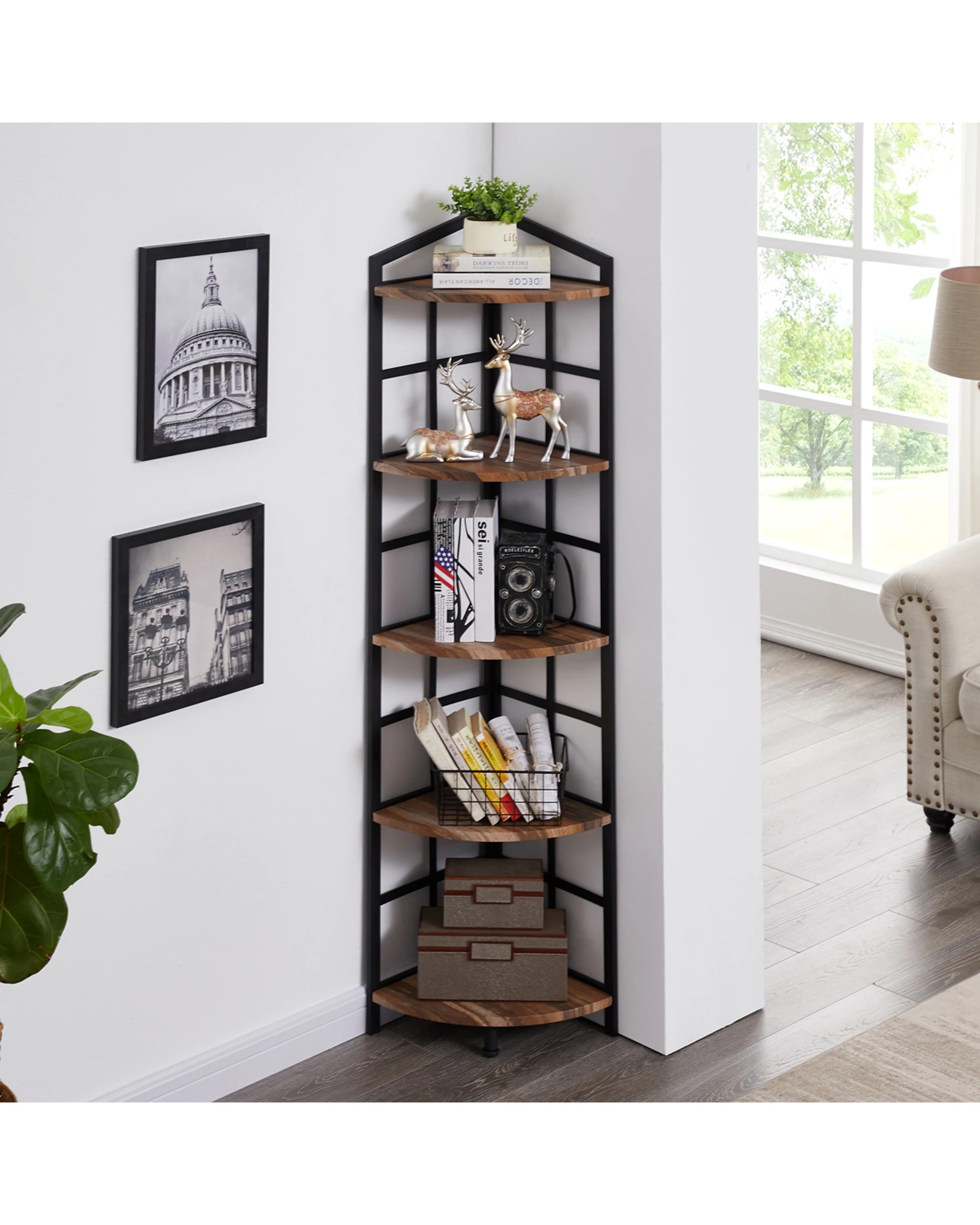 3 IHOMDEC 5 Tier Corner Bookshelf - Brown, 3 of 8