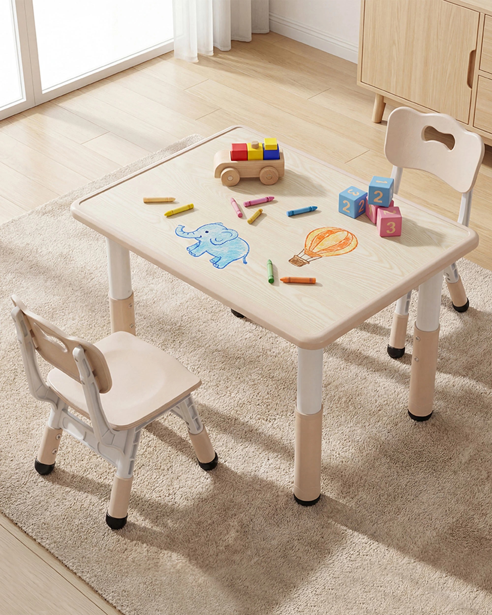 6 PlayPals Kids Table Chairs Set Height Adjustable Toddler Activity Table 80x60cm Beige, 6 of 6