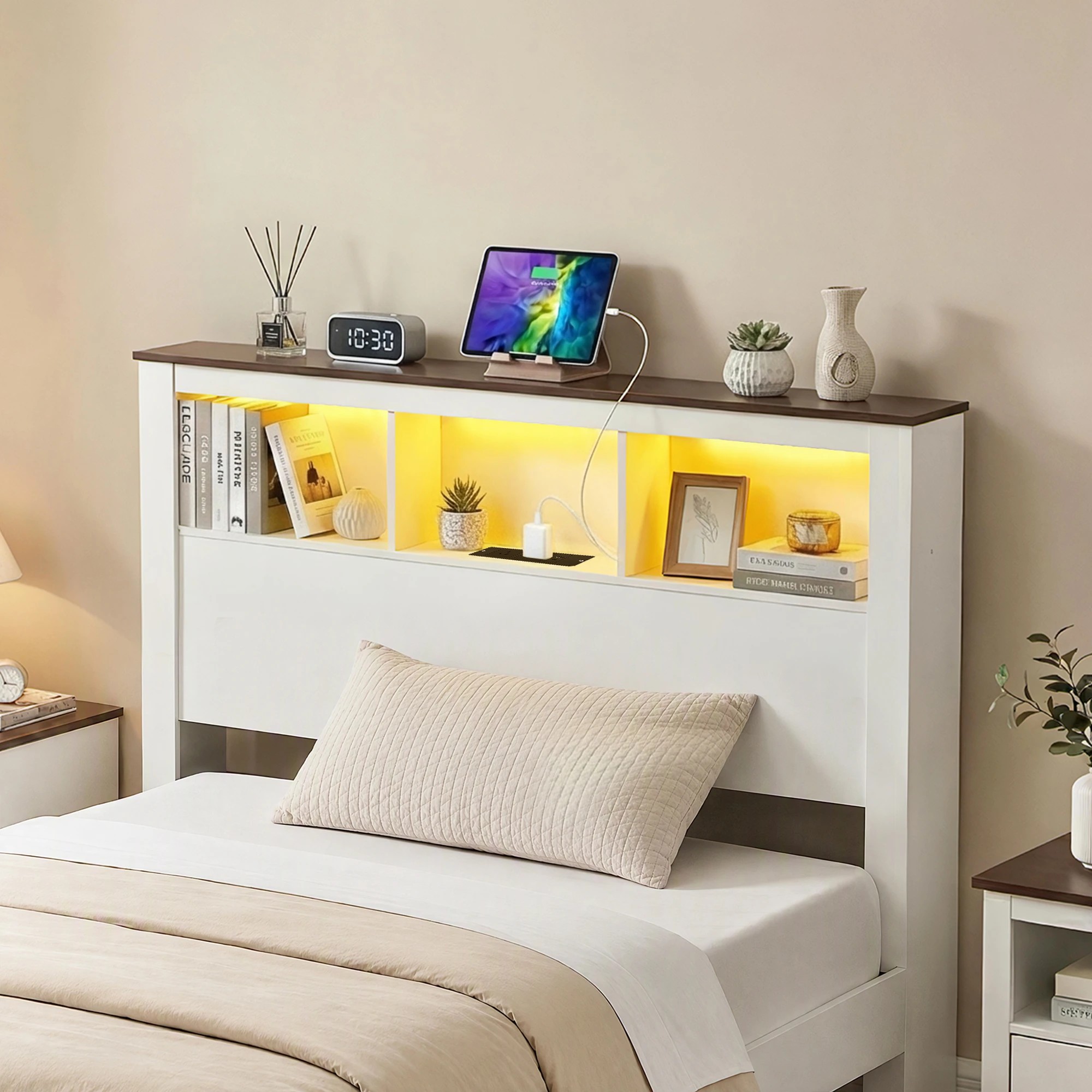 7 Artiss Bed Frame with Storage Bookcase Headboard and Footboard, - Single Bed - White, 7 of 9