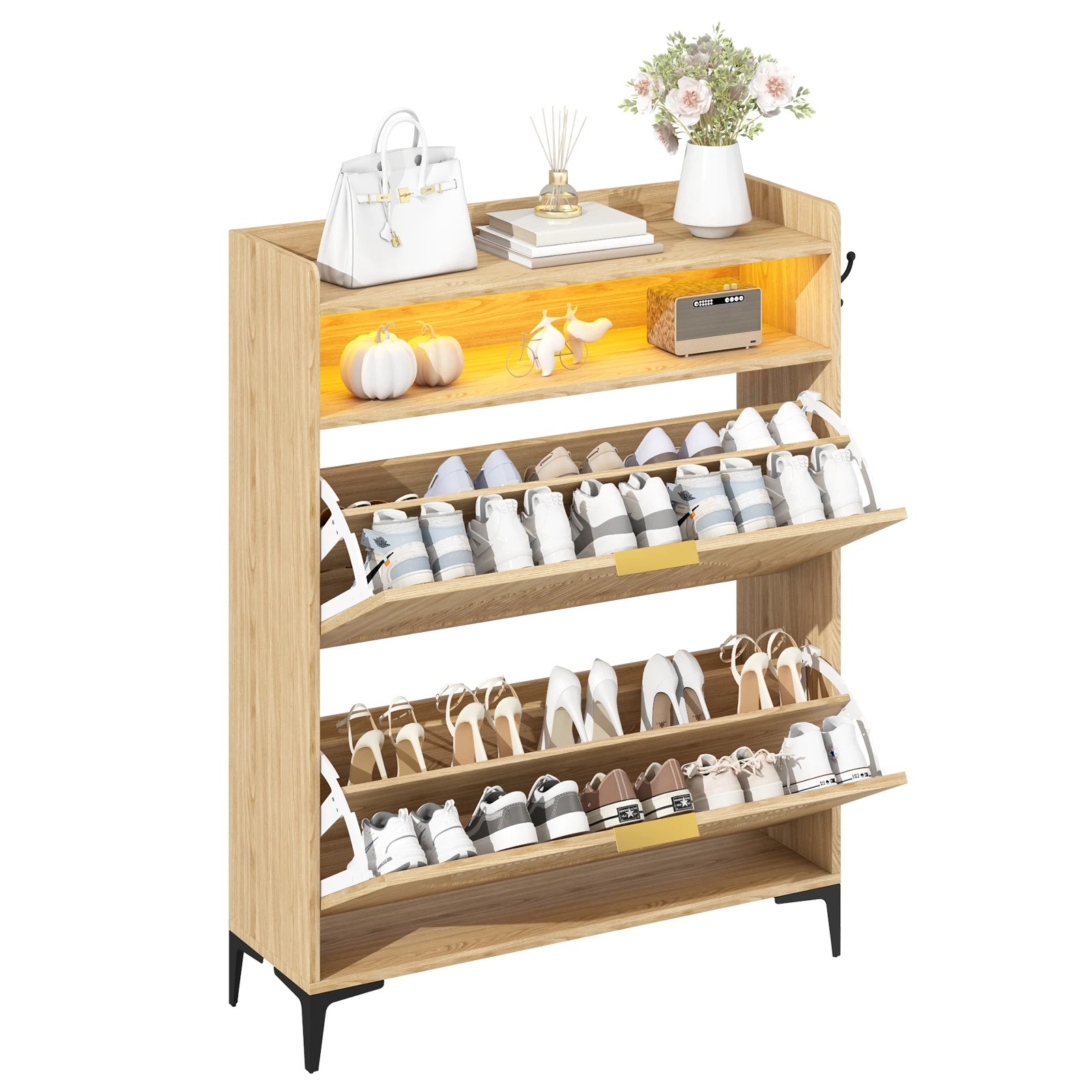 3 Advwin LED Shoe Storage Cabinet w/ Flip Drawers and Open Shelf Shoe Organizer Narrow Shoe Rack Cabinet with Hook, 3 of 10