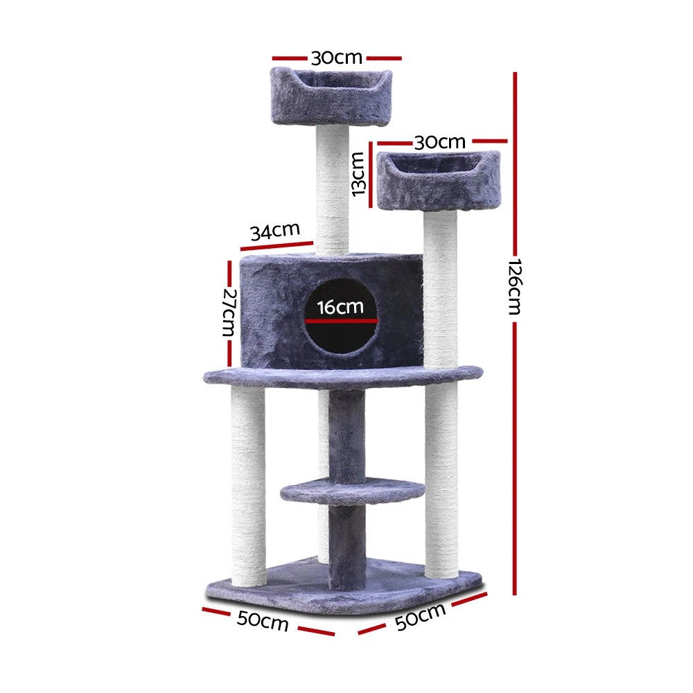 2 i.Pet Cat Tree 126cm Tower Scratching Post Scratcher Condo Trees House - Grey, 2 of 6