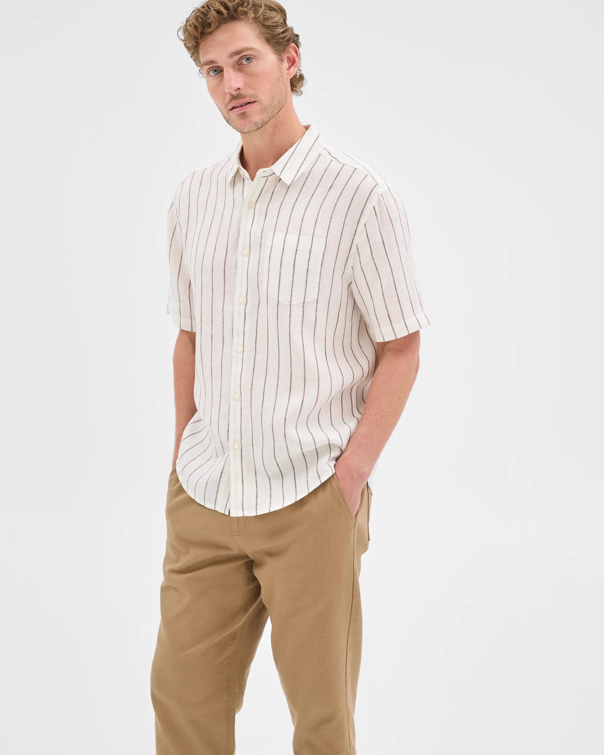 3 Target Man European Linen Short Sleeve Shirt CHOCOLATE STRIPE, 3 of 7