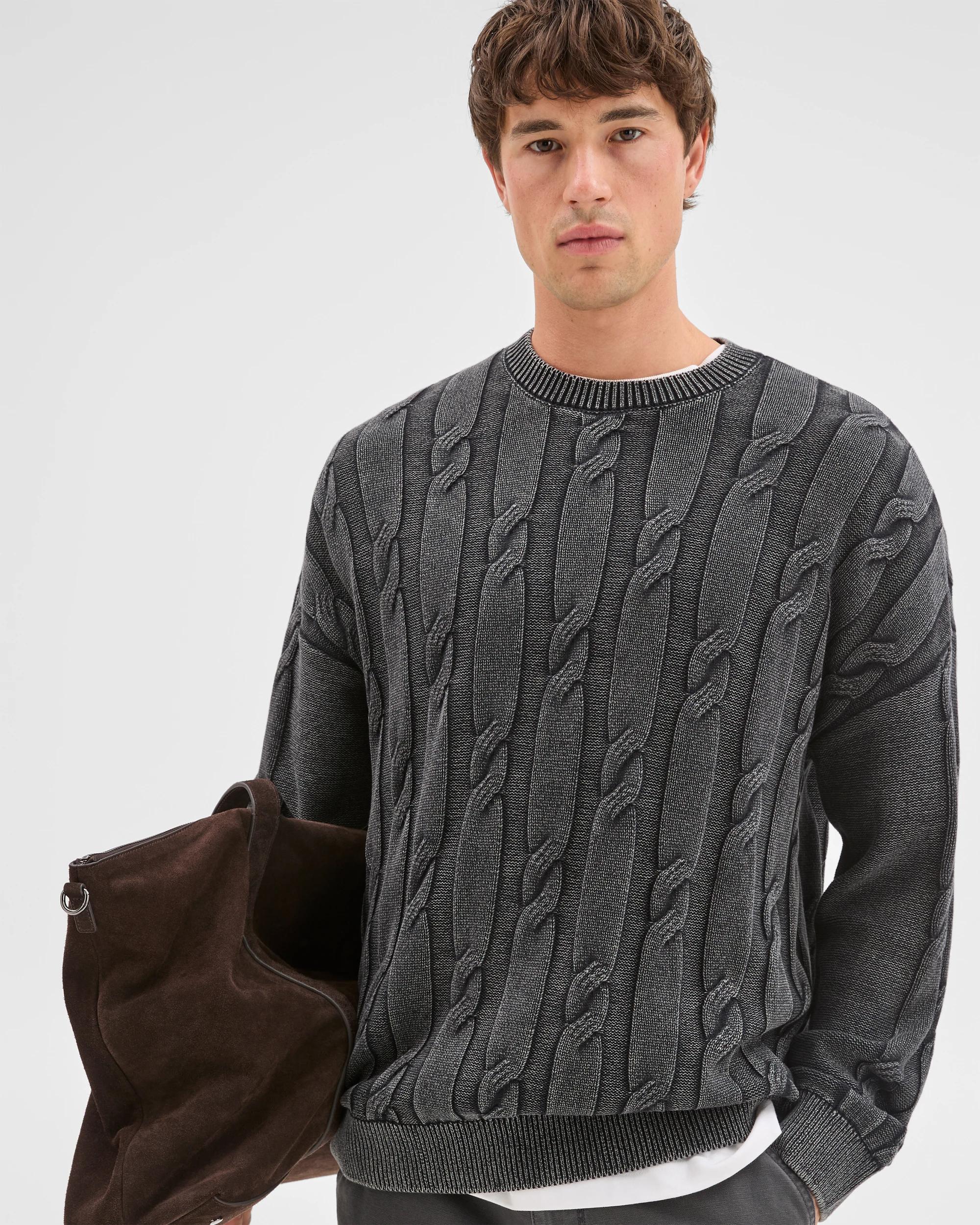 3 Commons Australian Cotton Cable Knit Washed Crew Jumper ACID BLACK, 3 of 6