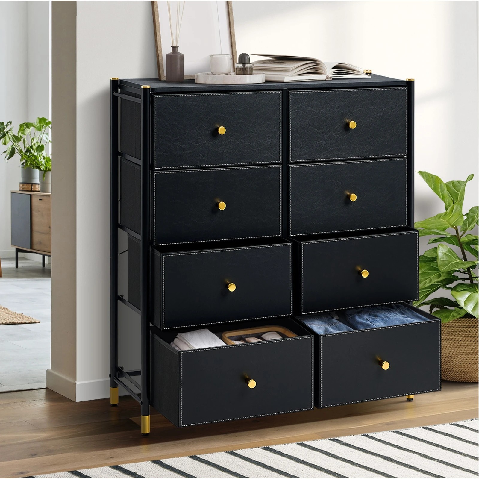 3 Oikiture 8 Chest of Drawers PU Fabric Storage Cabinet Dresser Tallboy - Black, 3 of 7