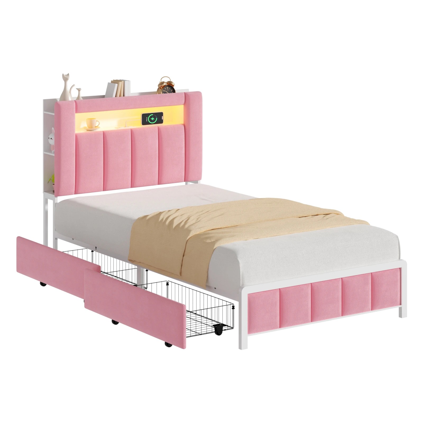 1 Advwin Kingsingle Bed Frame with LED Shelves and Charging Station - Pink, 1 of 7
