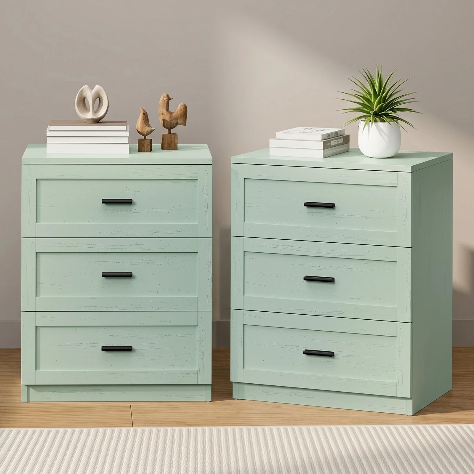 3 Oikiture 2pc Bedside Table 3 Drawers Nightstand Cabinet End Table - Green, 3 of 8