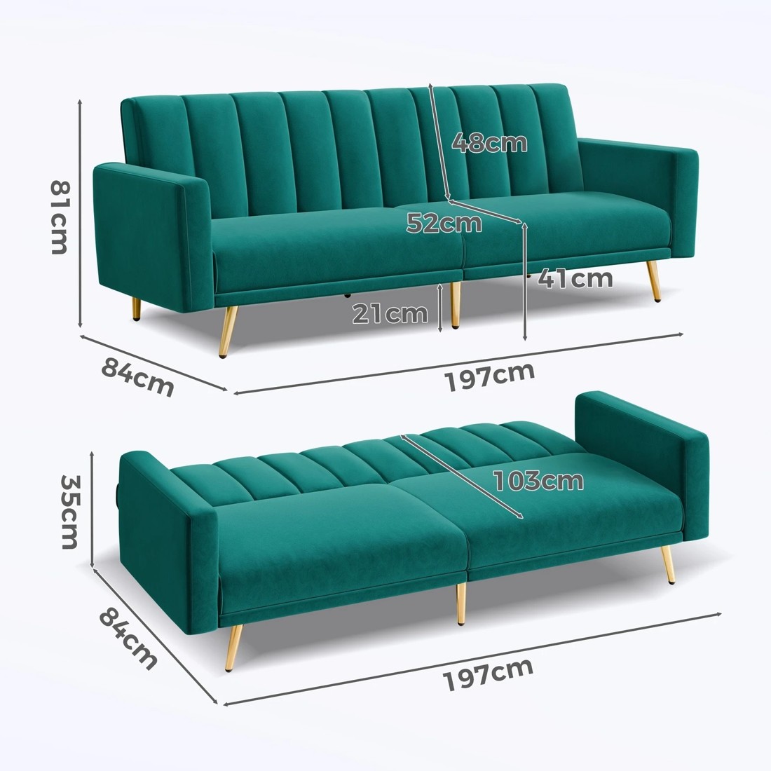 6 Alfordson Sofa Bed Futon Couch Lounge 3 Seater Convertible Velvet - Green, 6 of 10
