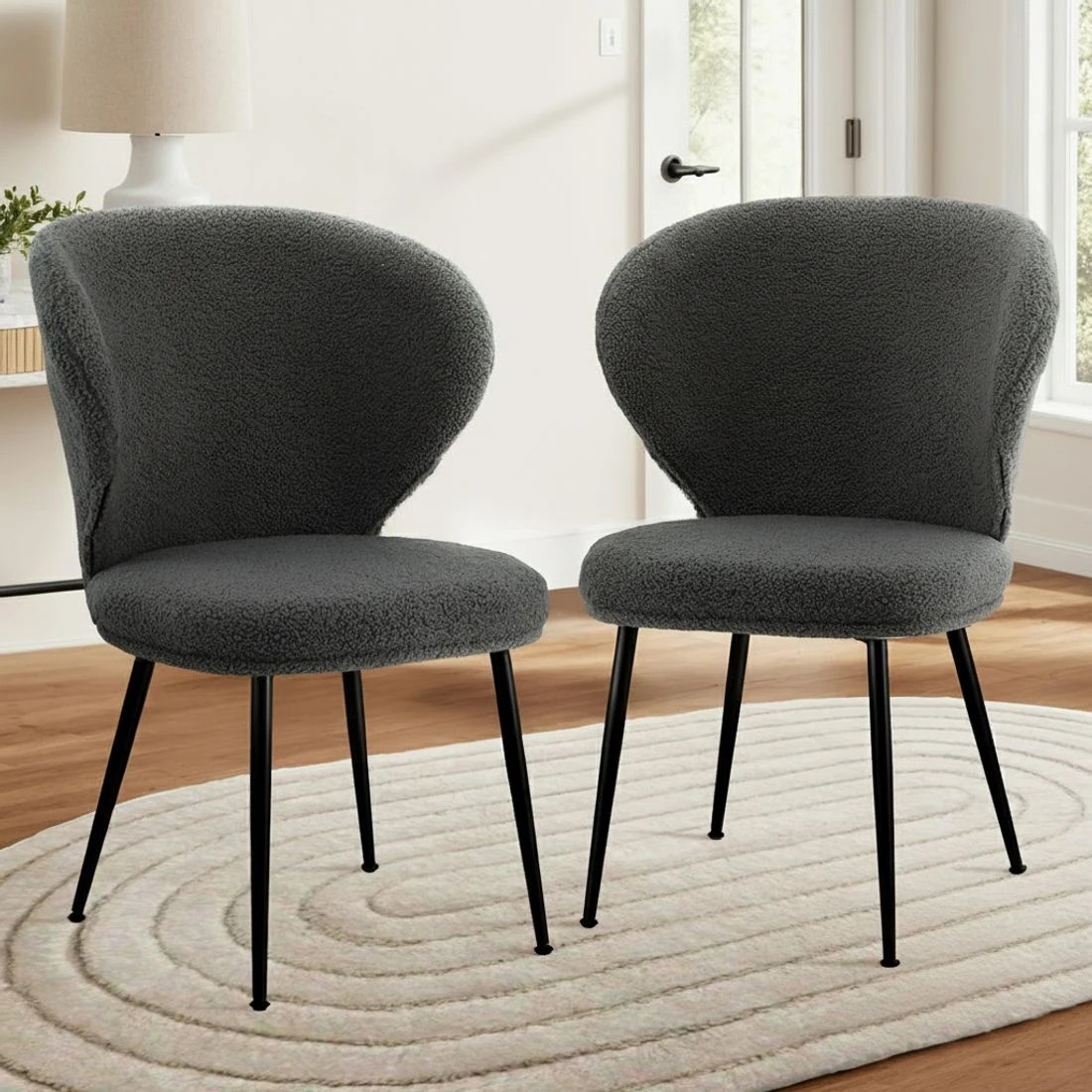 4 Artiss 2x Dining Chairs Sherpa Boucle Wing Back - Grey, 4 of 6