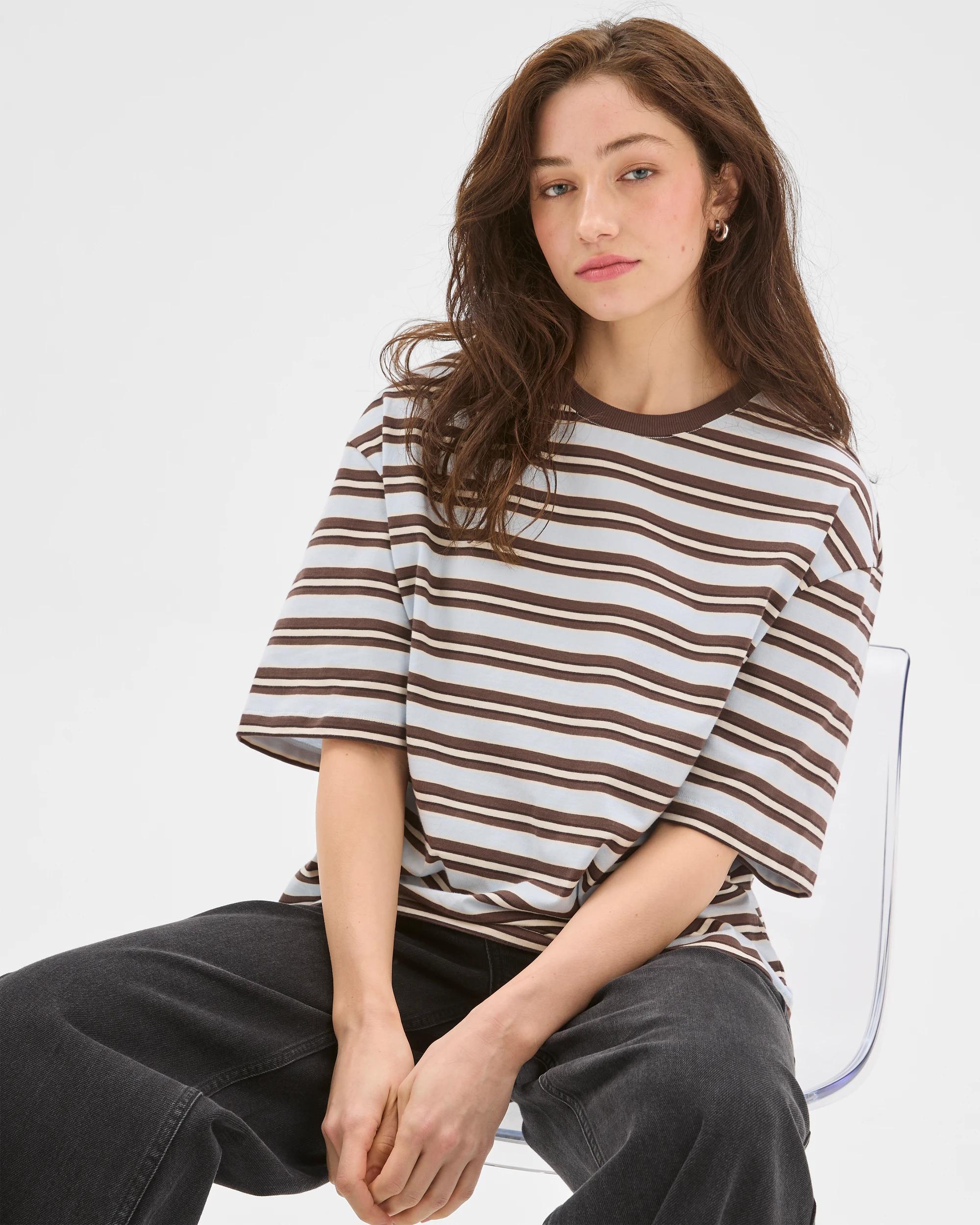 1 Lily Loves Australian Cotton Striped Retro T-Shirt BLUE/BROWN STRIPE, 1 of 7