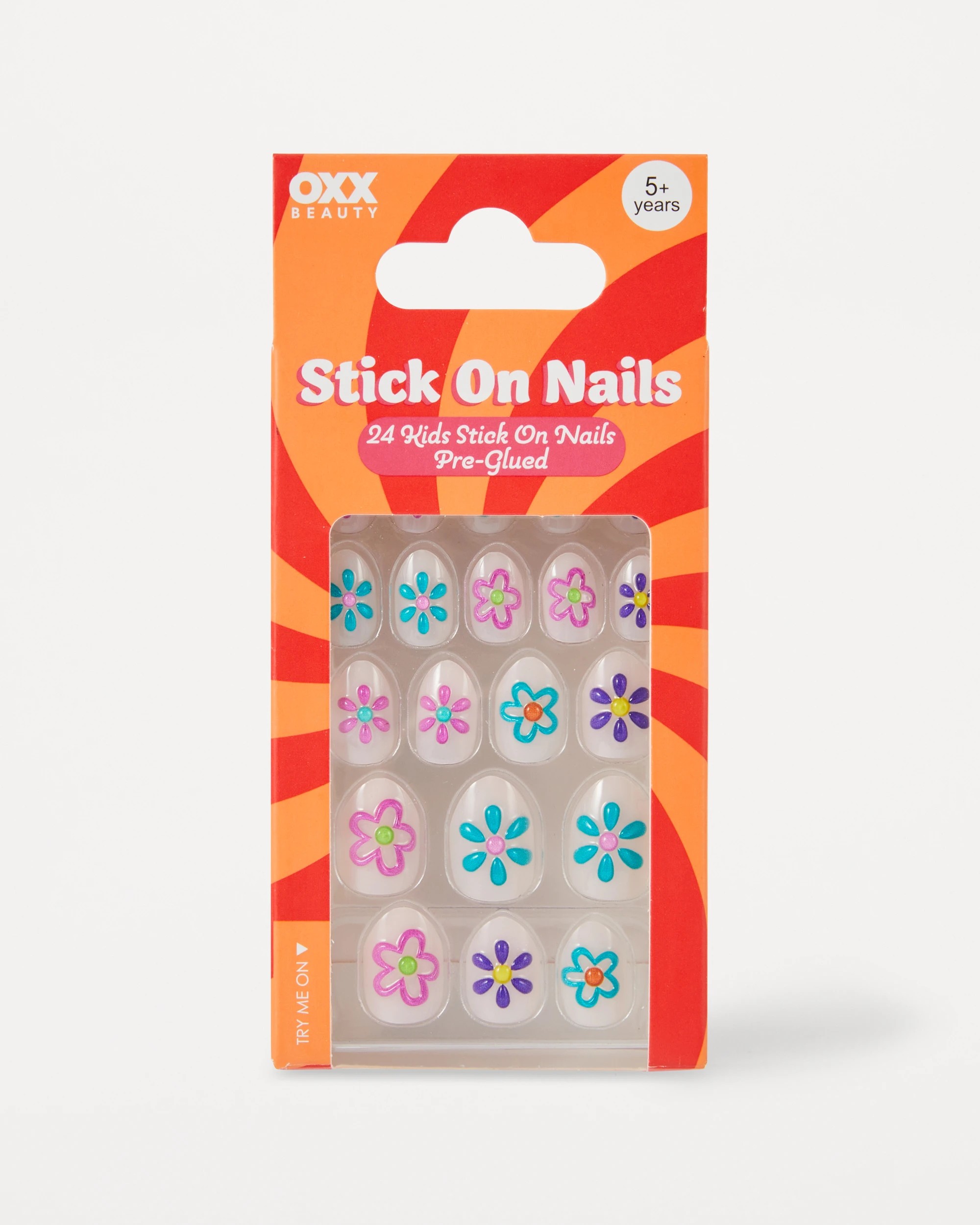 1 OXX Beauty 24 Pack Kids Pre-Glued Stick-On Nails - Almond Shape, Painted Flower, 1 of 4